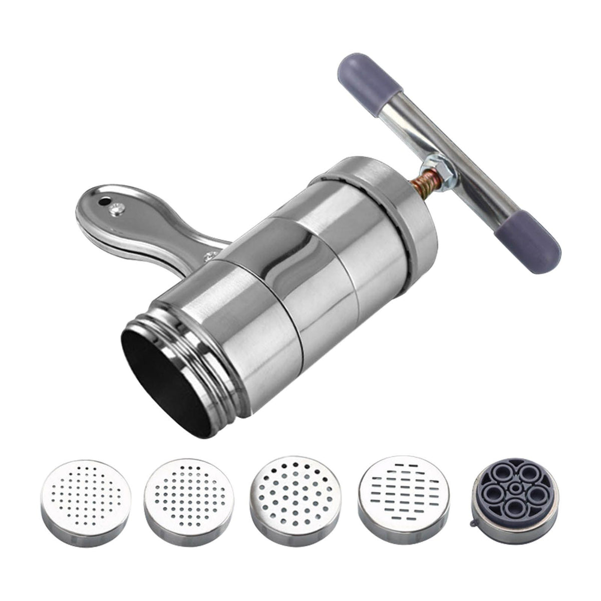Manual Press Pasta Machine Stainless Steel Hand Wringing Noodles Making Machine with 5 Noodle Mould