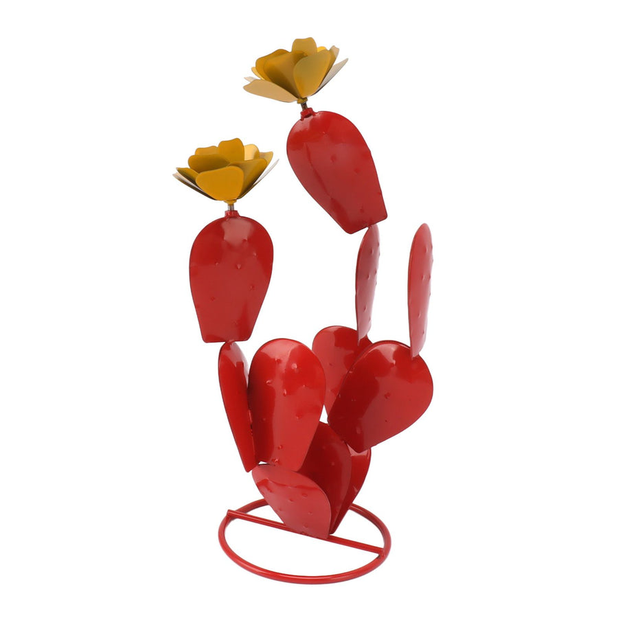 Metal Prickly Pear Cactus with Flowers Iron Rustic Cactus Statue Desert Decor Sculpture for Garden Yard Lawn Patio Red