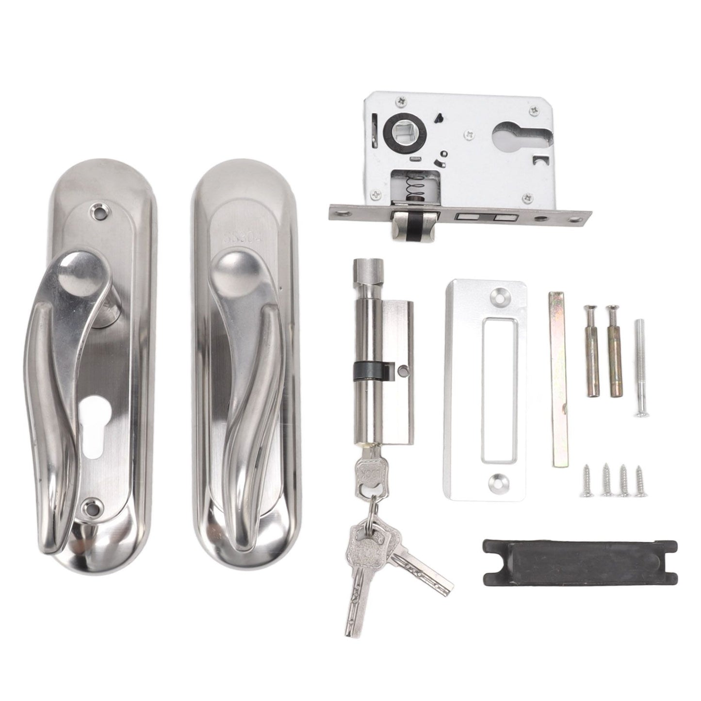 Door Entry Handle Set Stainless Steel Plate Door Lever Cylinder Lock Keys Kit for Household
