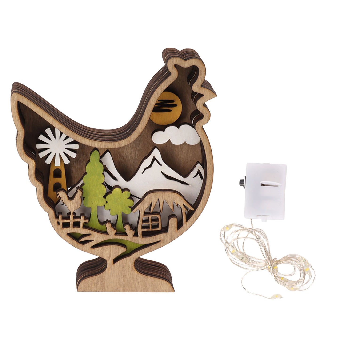 Wooden Chicken Light Statue 3D Hollow Hand Carved Wood Glow Chicken Statue Ornament for Easter