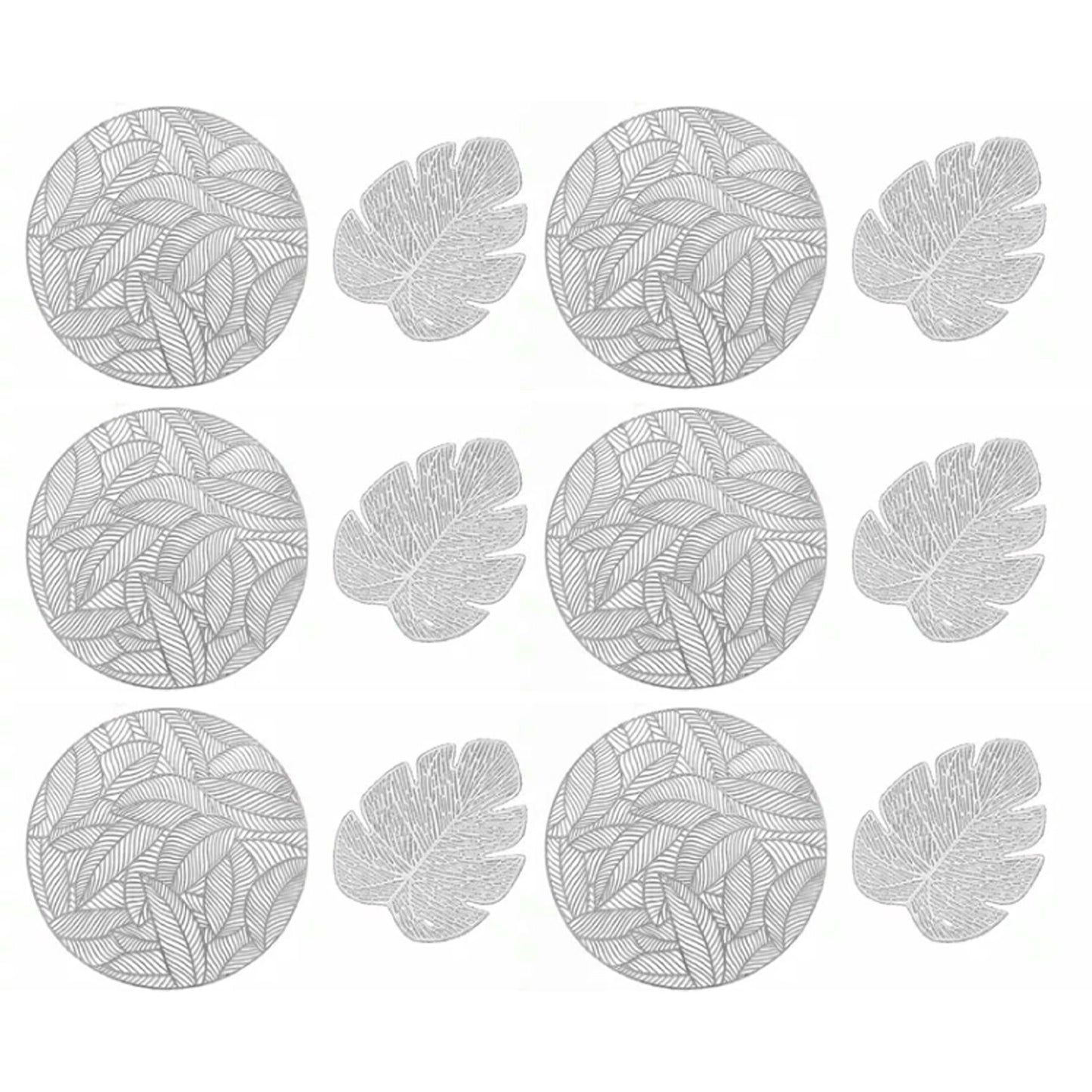 Placemats and Coasters Set Hollow Insulation 6 Pcs Round Dining Table Place Mats and 6 Pcs Leaf Shape Cup Coasters Silver