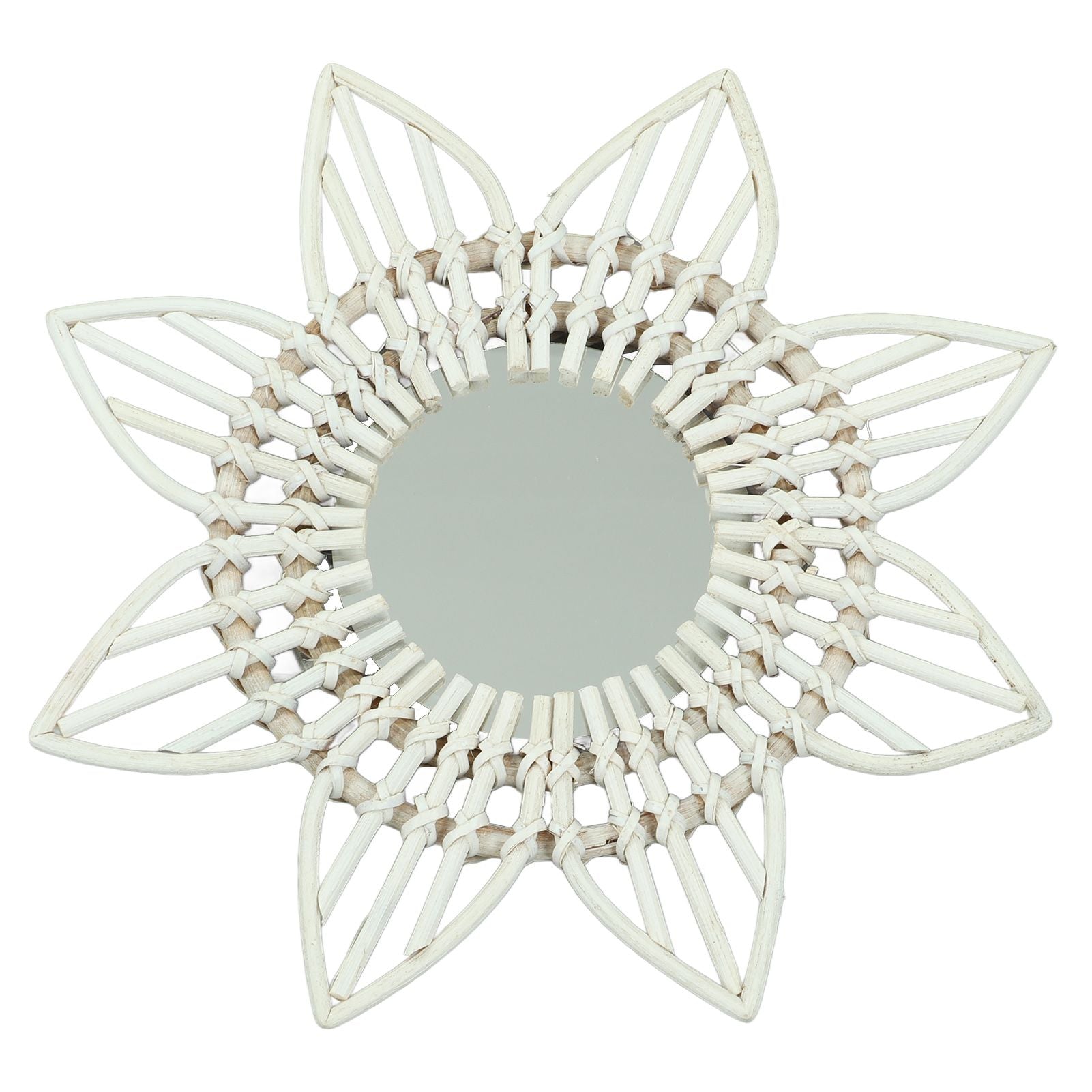 Rattan Wall Mirror White Flower Shape Rustic Vintage High Polished Glass Decorative Mirror for Entryway Bedroom Bathroom