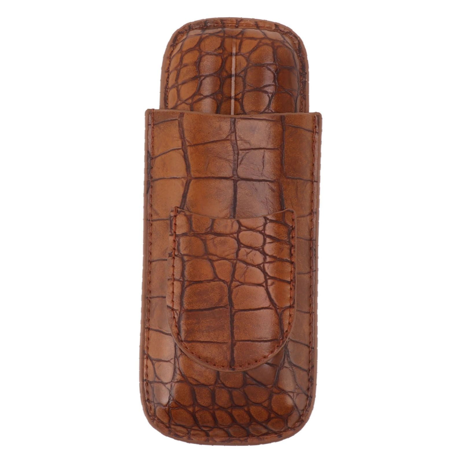 Cigar Case Holder Brown Crocodile Skin Pattern PU Leather 2 Finger Portable Carrying Holder for Travel Anniversary Gifts