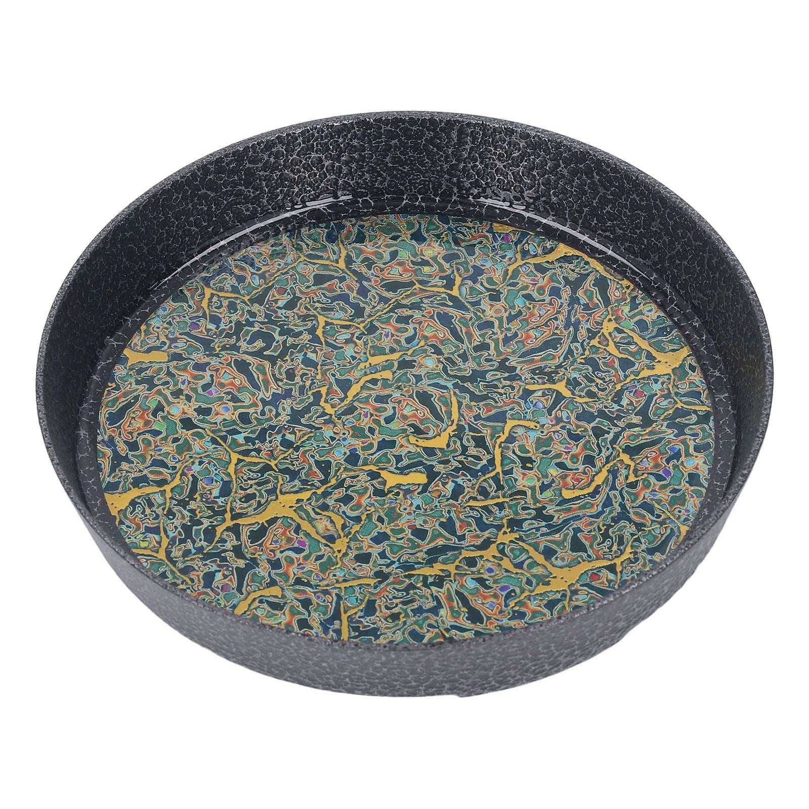 Small Tea Tray Complex Pattern Round Alloy Decorative Tea Serving Tray for Home Patio Porch Deck Green