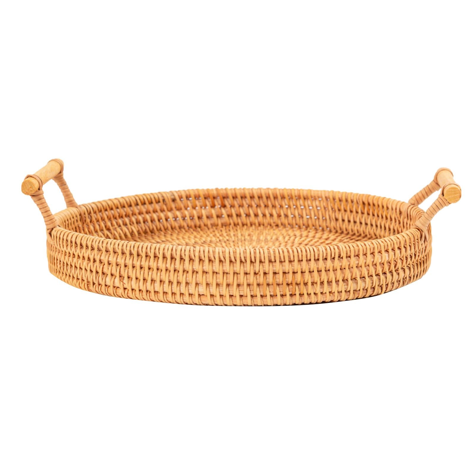 Hand Woven Round Rattan Serving Tray Bread Fruit Dessert Snack Basket with Handles Diameter 24cm Height 3cm