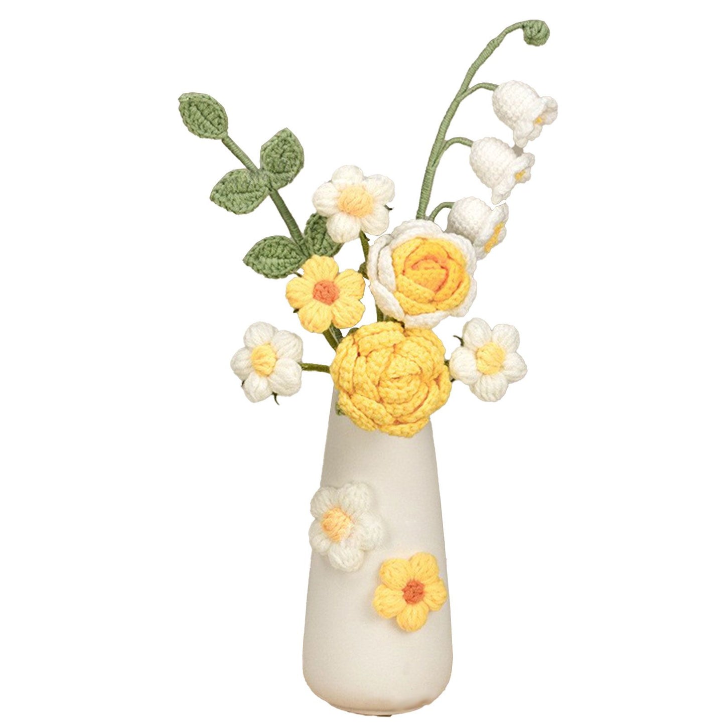 Simulation Woolen Flower Handmade Knitting Artificial Flower Crochet Knitted Flower with Ceramic Vase Table Flower Gift
