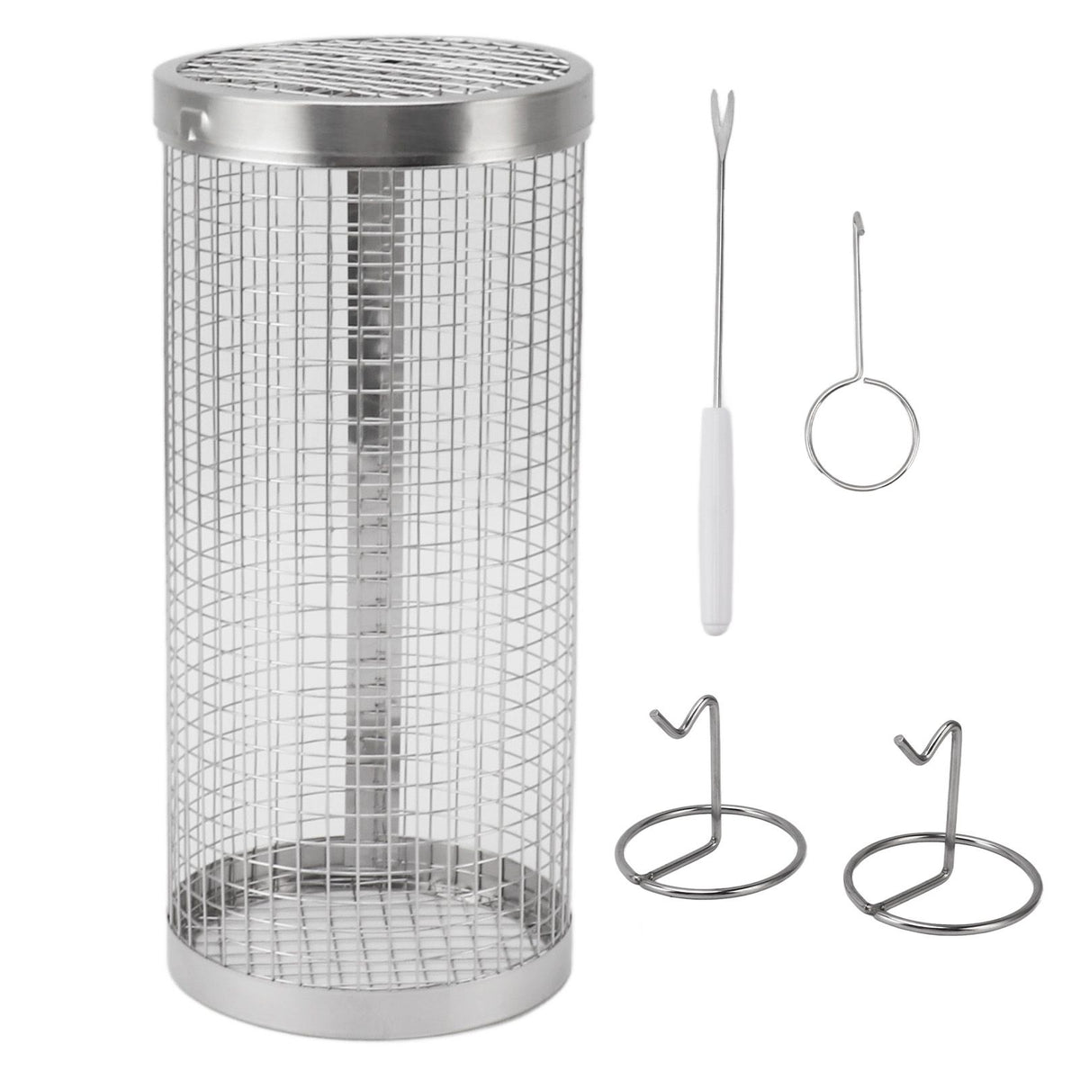 BBQ Net Tube Rolling Grilling Basket Stainless Steel Wire Mesh Cylinder Grill Basket with Fork Hook for Outdoor Barbecue Camping S