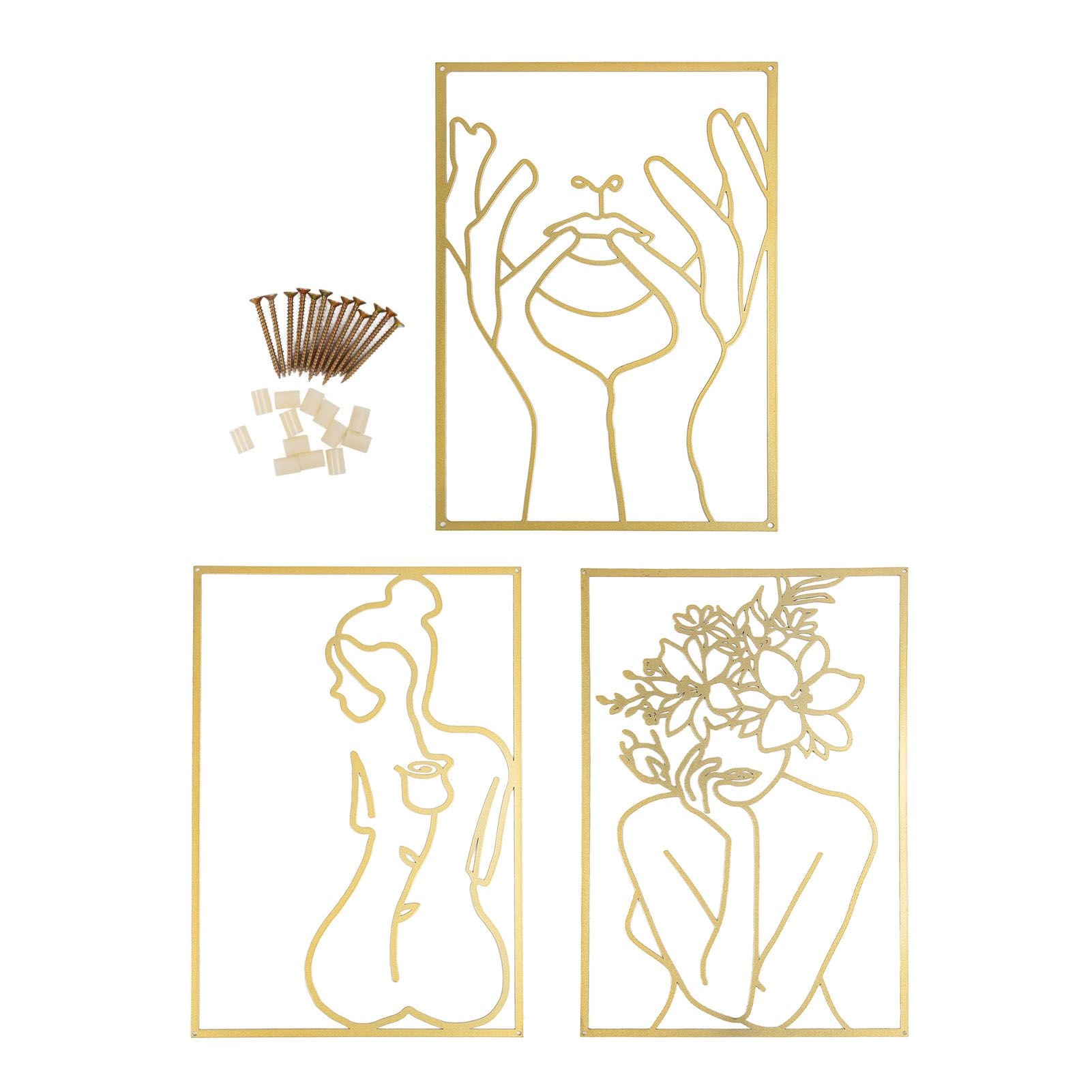 Single Line Art Wall Decor Iron Minimalist Female Line Drawing Home Hanging Wall Decor for Bedroom Kitchen Bathroom Living Room Gold 3PCS
