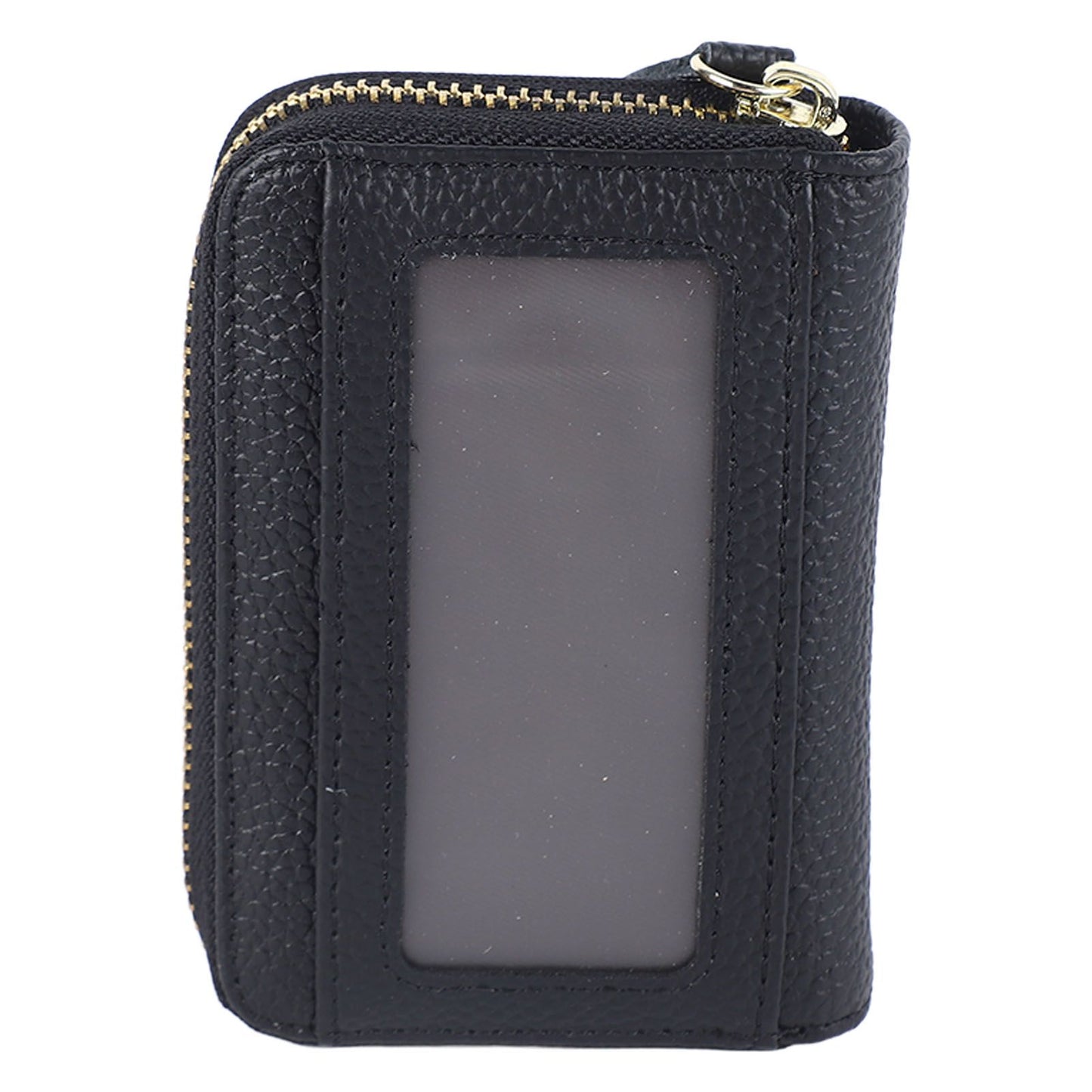 Card Wallet Black Leather 10 Slots Zipper Compact Transparent Window Card Holder for Travel Daily Outdoor
