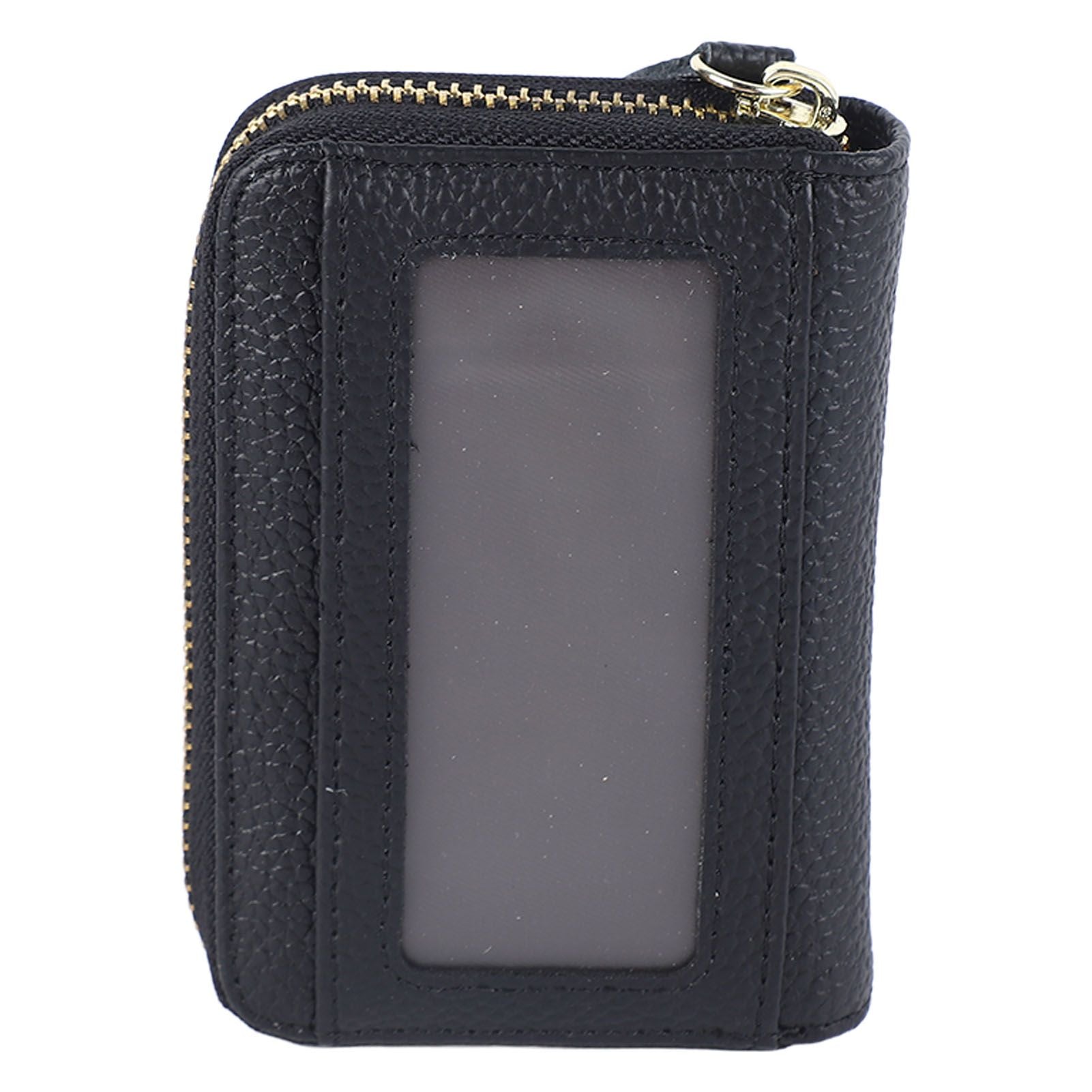 Card Wallet Black Leather 10 Slots Zipper Compact Transparent Window Card Holder for Travel Daily Outdoor