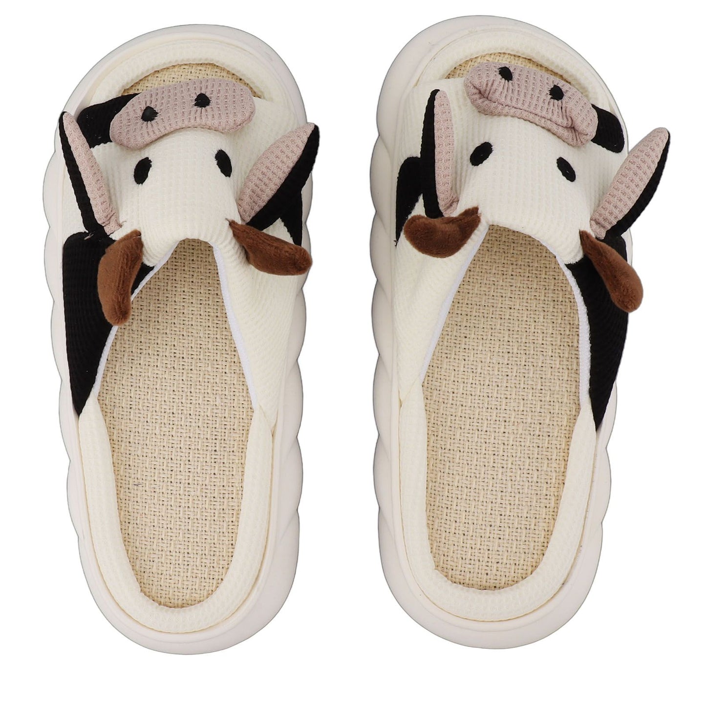 Linen Slippers Wear Resistant Comfortable Open Toe Indoor Slippers Sandals for 4 Season Cow Cartoon Pattern 40 41 Size