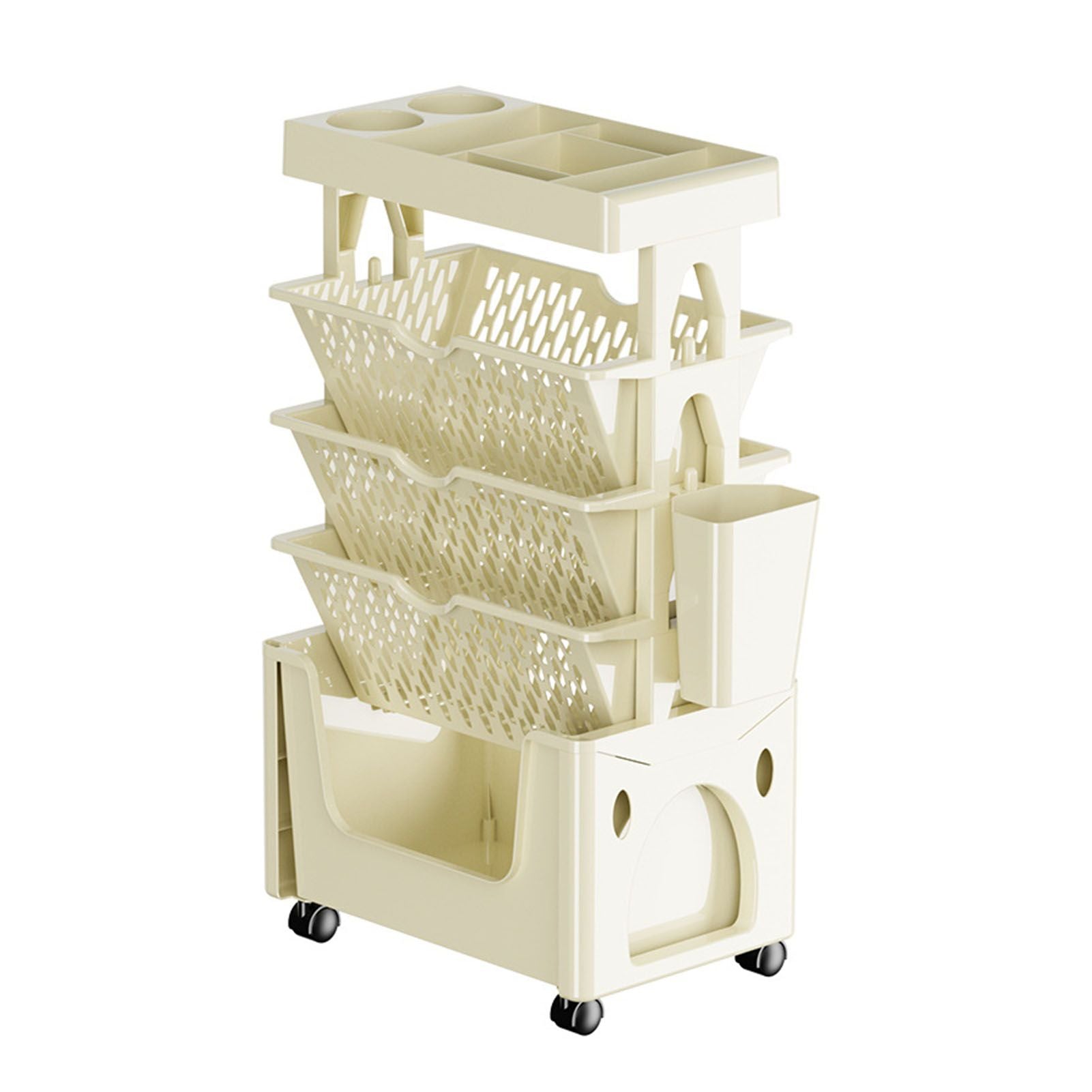 Rolling Mobile Bookshelf with Wheels 5 Tiers Large Capacity Strong Load Bearing Capacity Utility Cart for Study Kitchen Khaki