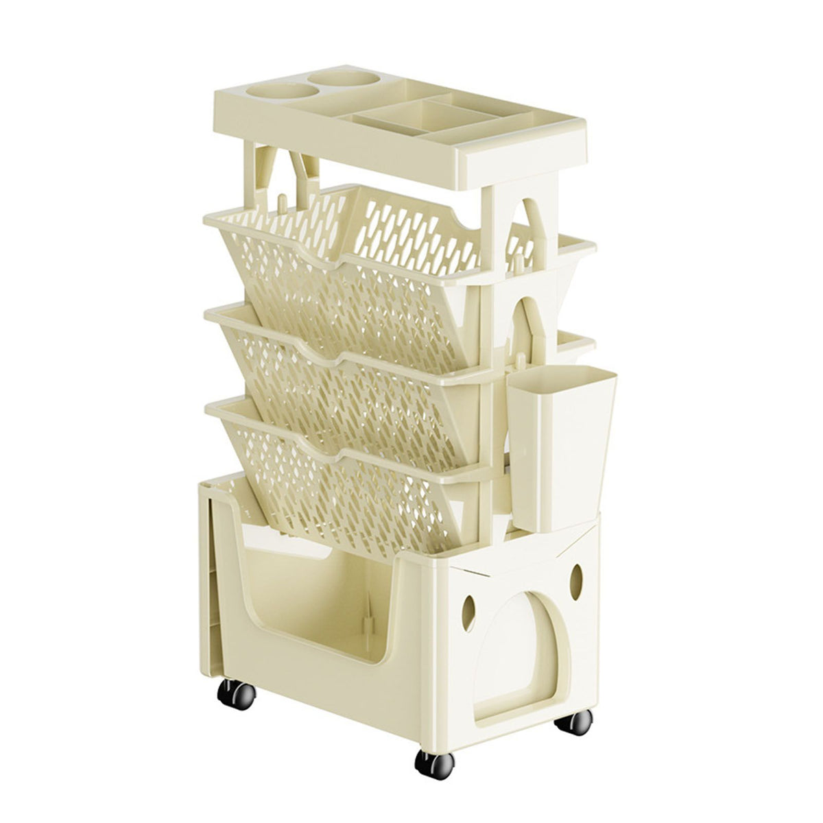 Rolling Mobile Bookshelf with Wheels 5 Tiers Large Capacity Strong Load Bearing Capacity Utility Cart for Study Kitchen Khaki