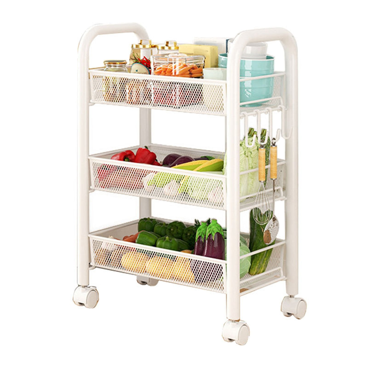 Rolling Storage Cart Layered Storage Shelves Multi Functional Movable Snack Vegetable Baskets Kitchen Shelves White Three Layers