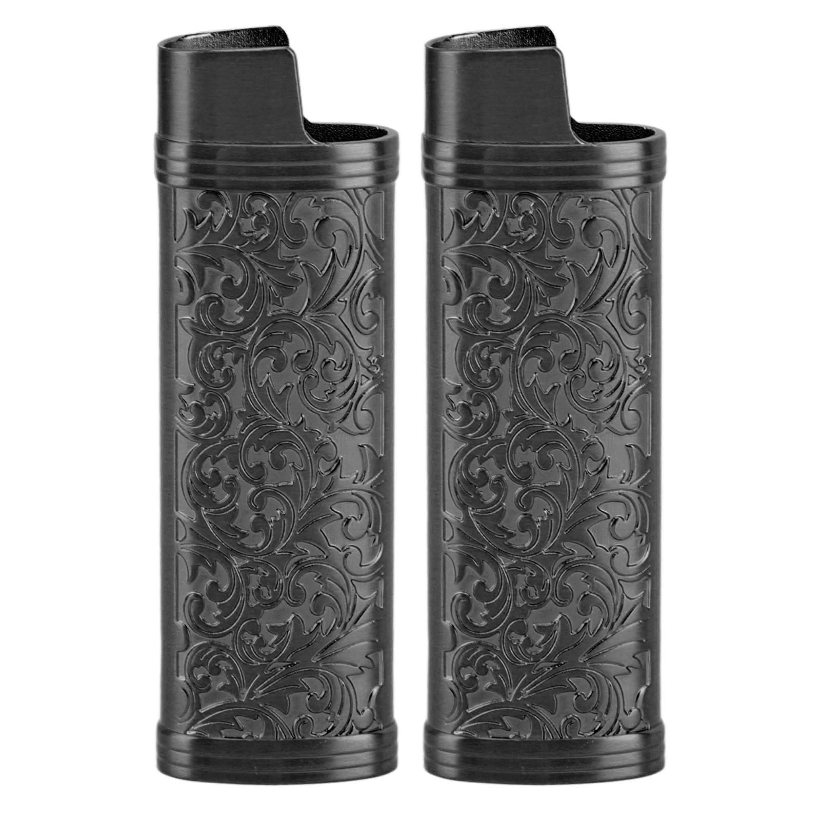 2PCS Lighter Case Cover Vintage Style Floral Stamped Zinc Alloy Shell for Lighter Protection Black