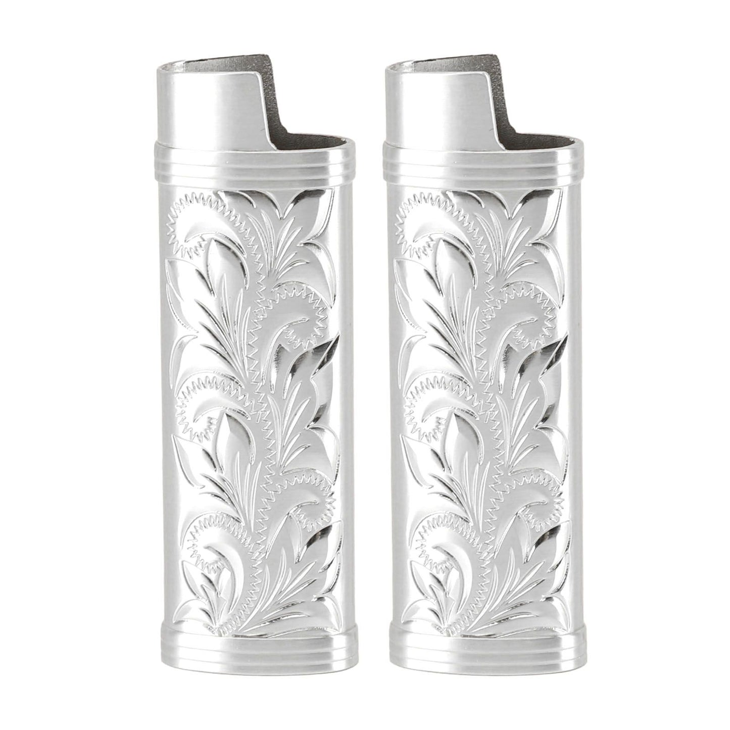 2Pcs Lighter Case Zinc Alloy Lighter Storage Container Floral Pattern for Outdoor Camping Hiking Silver