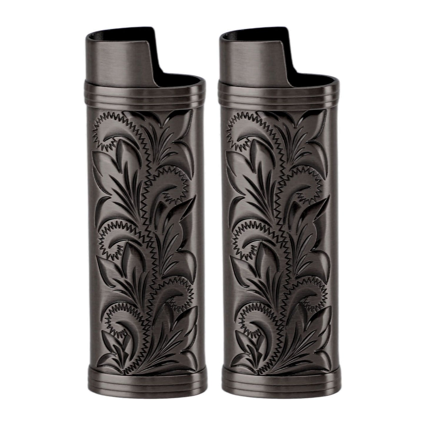 2Pcs Lighter Case Zinc Alloy Lighter Storage Container Floral Pattern for Outdoor Camping Hiking Black