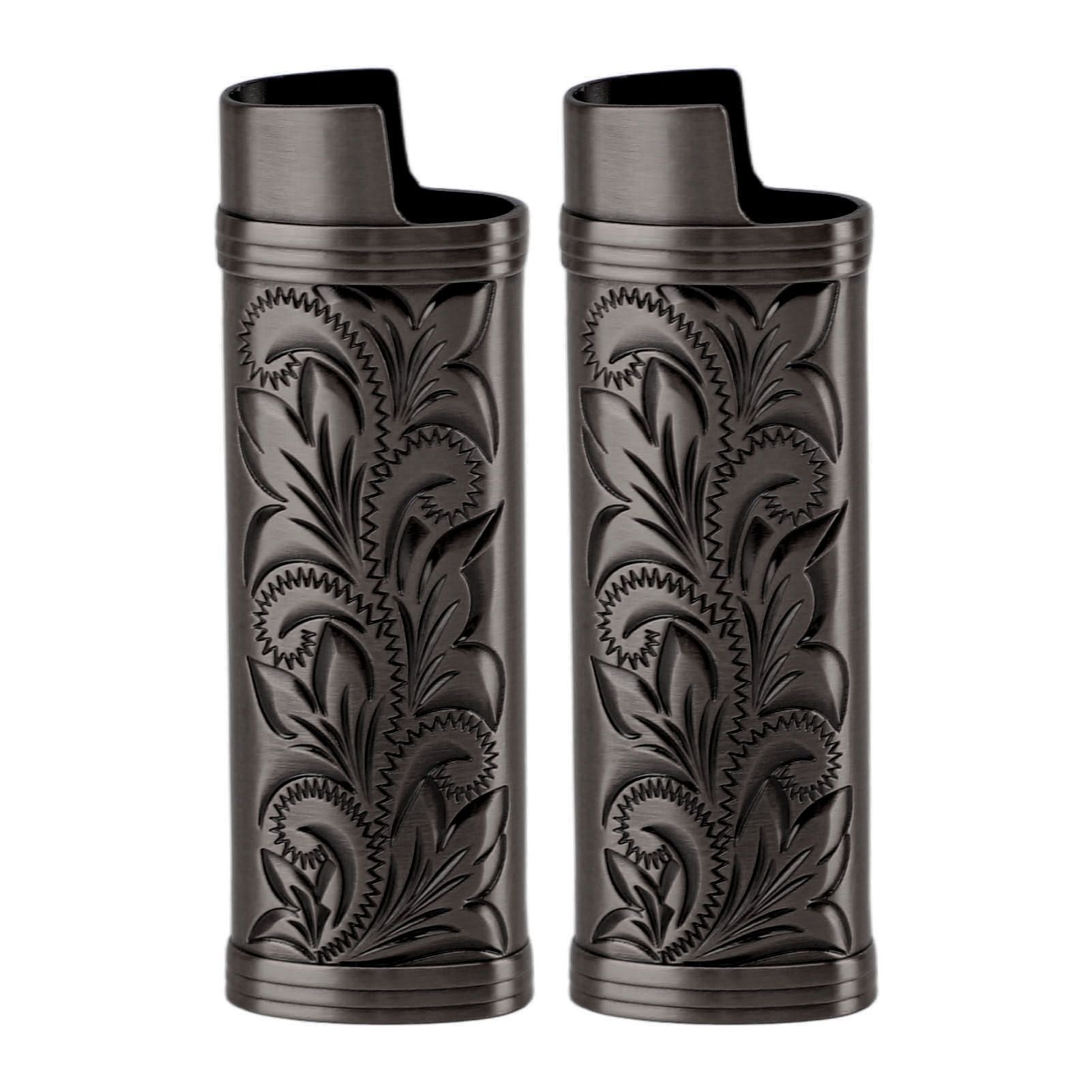 2Pcs Lighter Case Zinc Alloy Lighter Storage Container Floral Pattern for Outdoor Camping Hiking Black