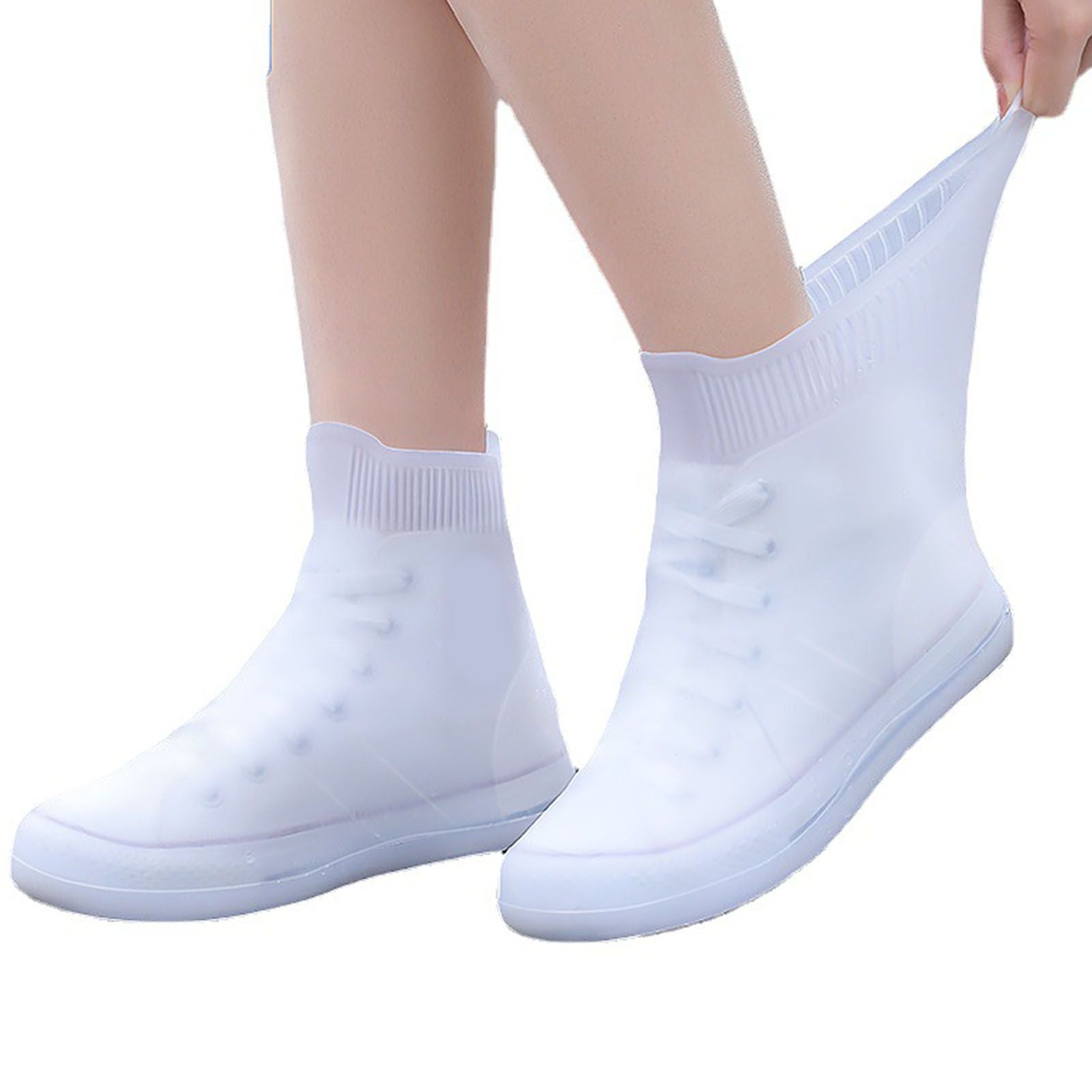 Rain Shoe Covers Waterproof Dustproof Reusable Overshoes Thickened Silicone Shoe Covers for Women Men White Mid Calf L (37 to 39 Sizes)