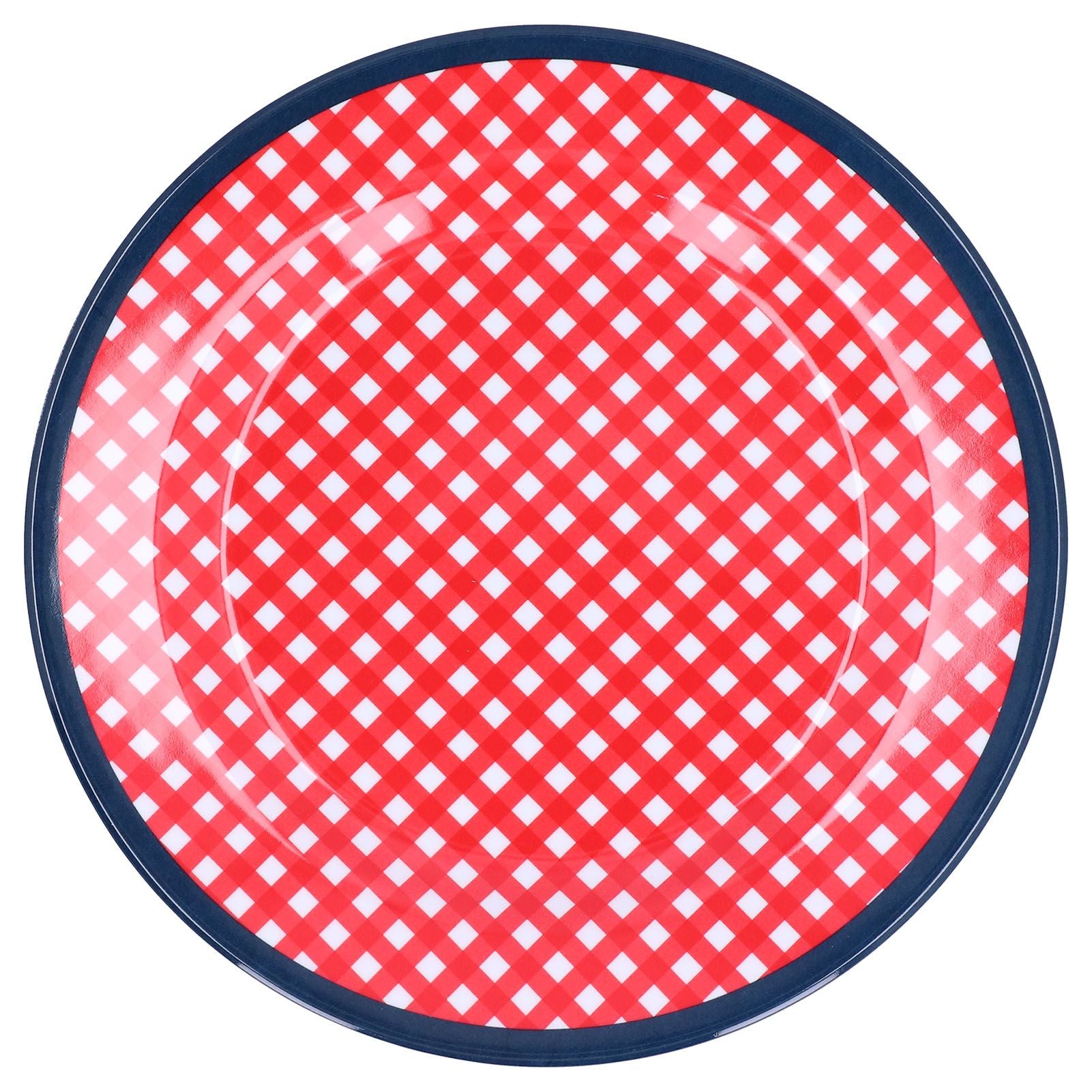 9in Imitation Porcelain Dinner Plate Decorative Reusable Snack Plate Lightweight Tableware for Cakes FruitRed Grid