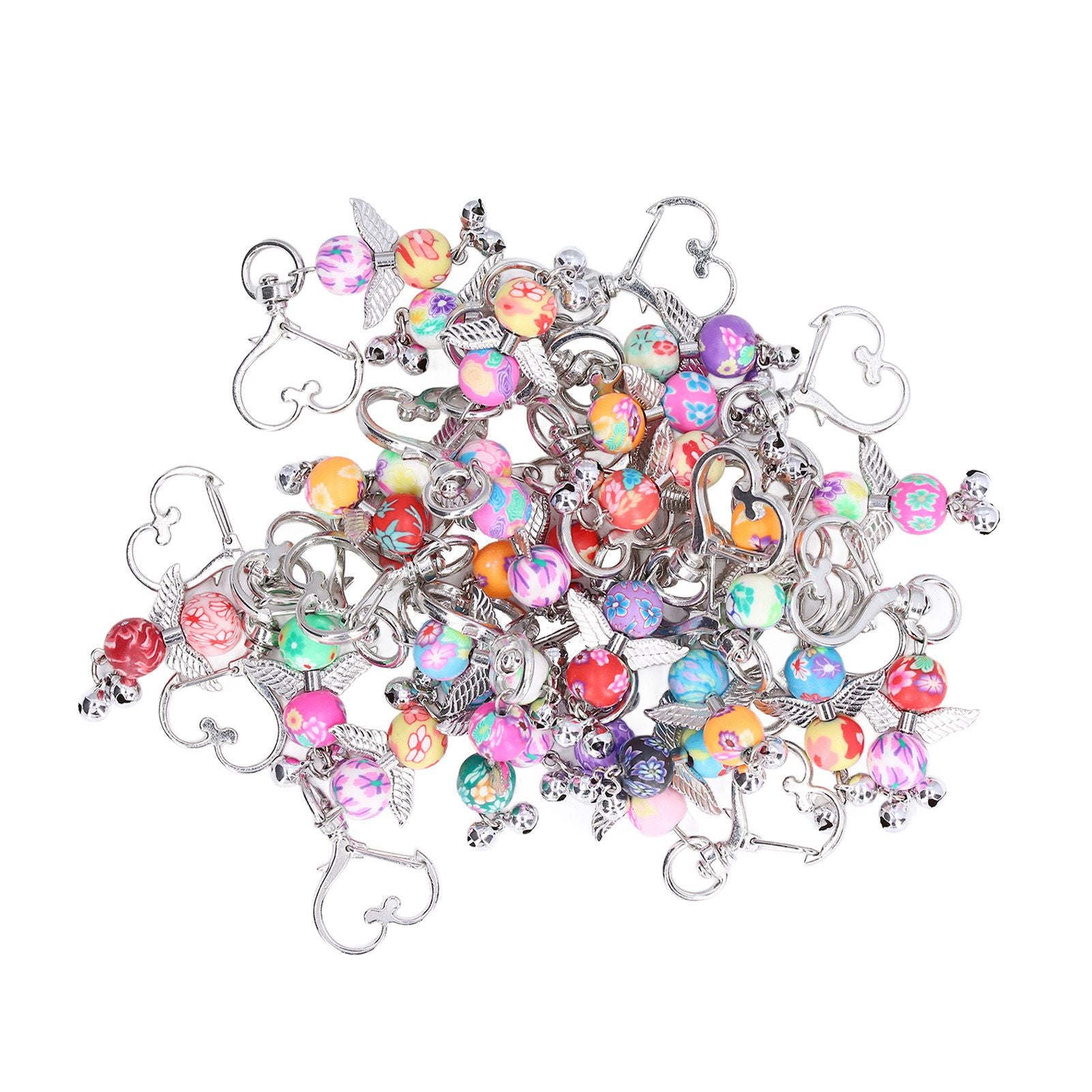 30PCS Key Pendant Metal Angel Wing Decorative Keychain with Colorful Pattern Beads for Party