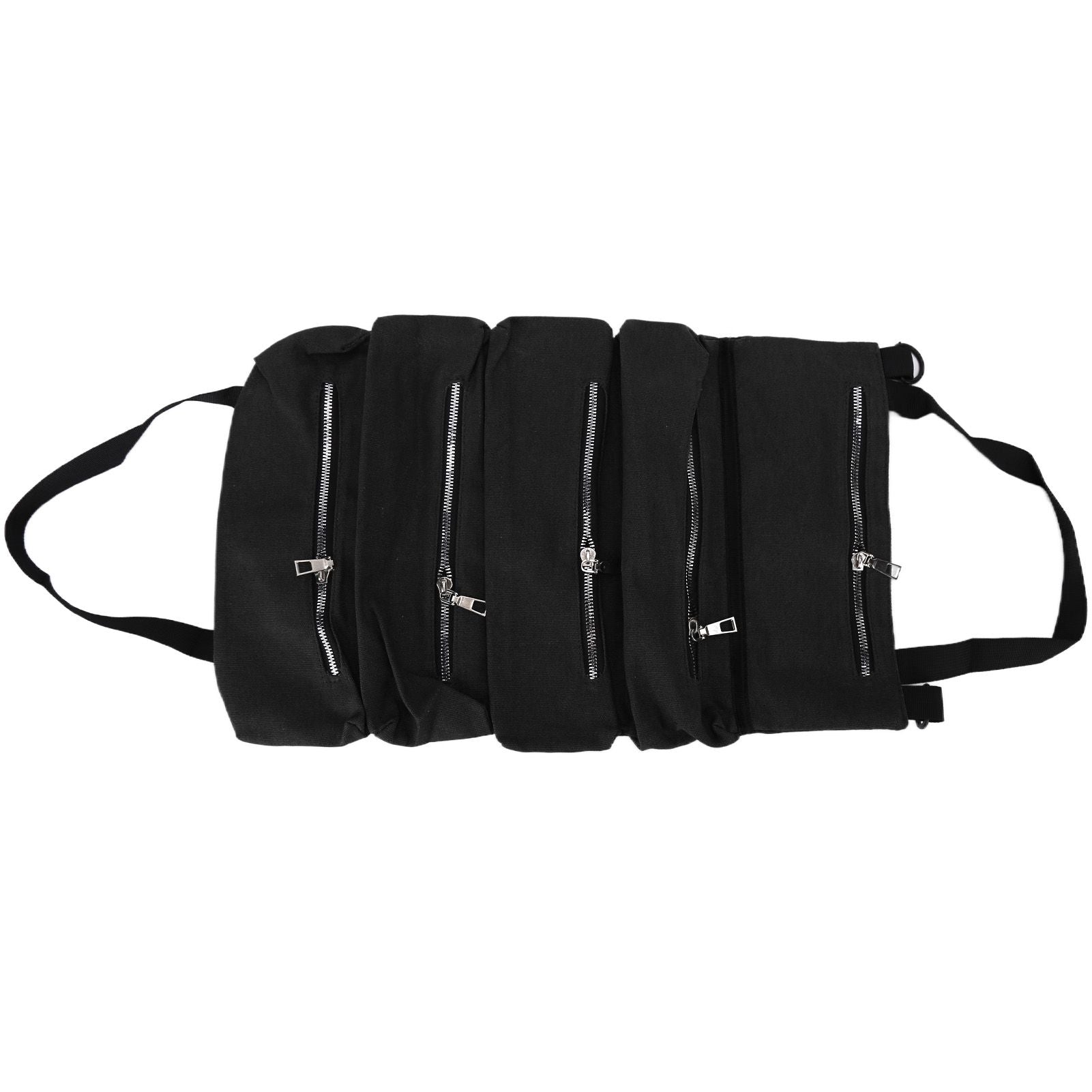 Tool Storage Bag Canvas Foldable Zipper Design Lightweight and Durable High Capacity Tool Roll Up Bag with StrapsBlack