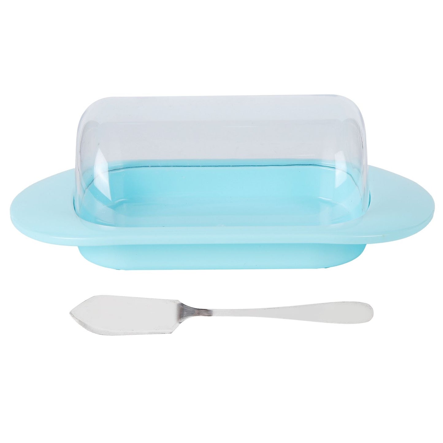 Round Edge Plastic Butter Storage Box Cheese Dessert Bread Server Keeper with Transparent Cover KnifeBlue