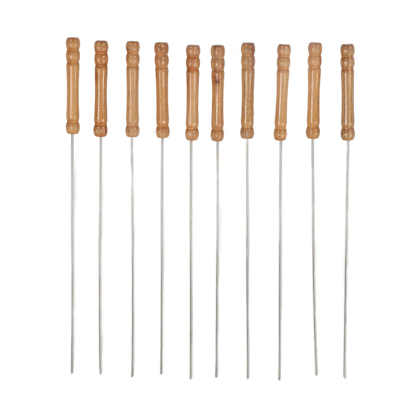 10pcs Barbecue Skewers Wooden Handle Stainless Steel BBQ Kabob Sticks for Outdoor Barbecue 11.8in