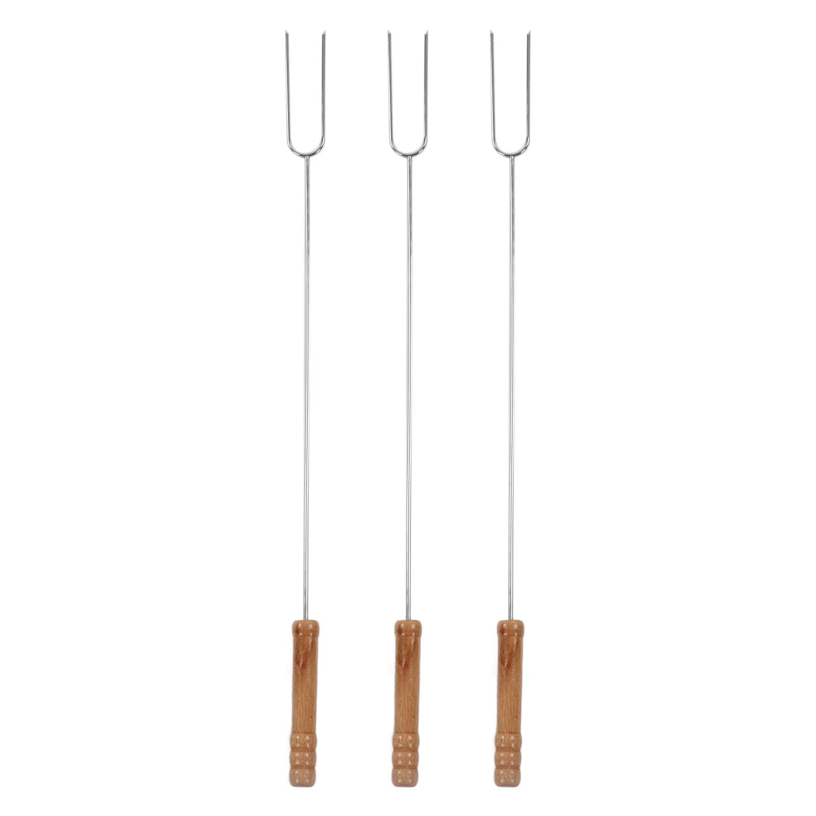 3Pcs Barbecue Forks Multifunctional Stainless Steel Roasting Stick with Beech Wood Handle for Outdoor BBQ Camping 47.2cm