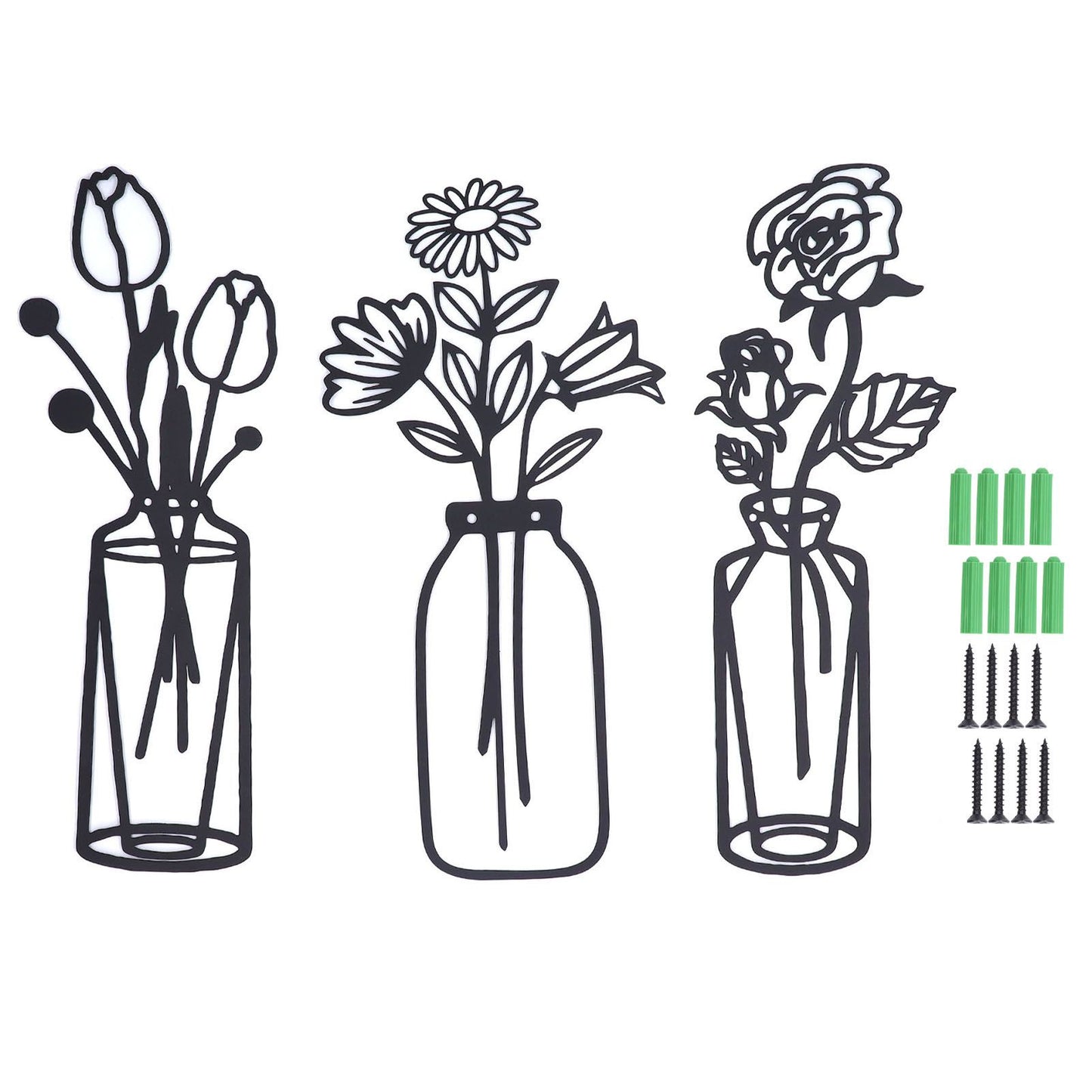 3Pcs Metal Vase Flowers Wall Art Elegant Prevent Rust Easy to Install Iron Flower Wall Art for Indoor Decoration