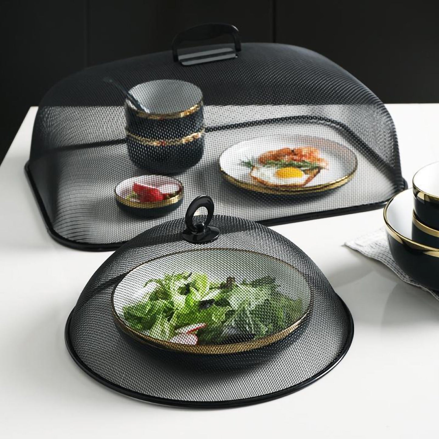 Food Cover Dense Mesh Design 180 Degree Rotatable Simple Iron Food Screen with Handle for Home Dining Room Black Rectangle Large