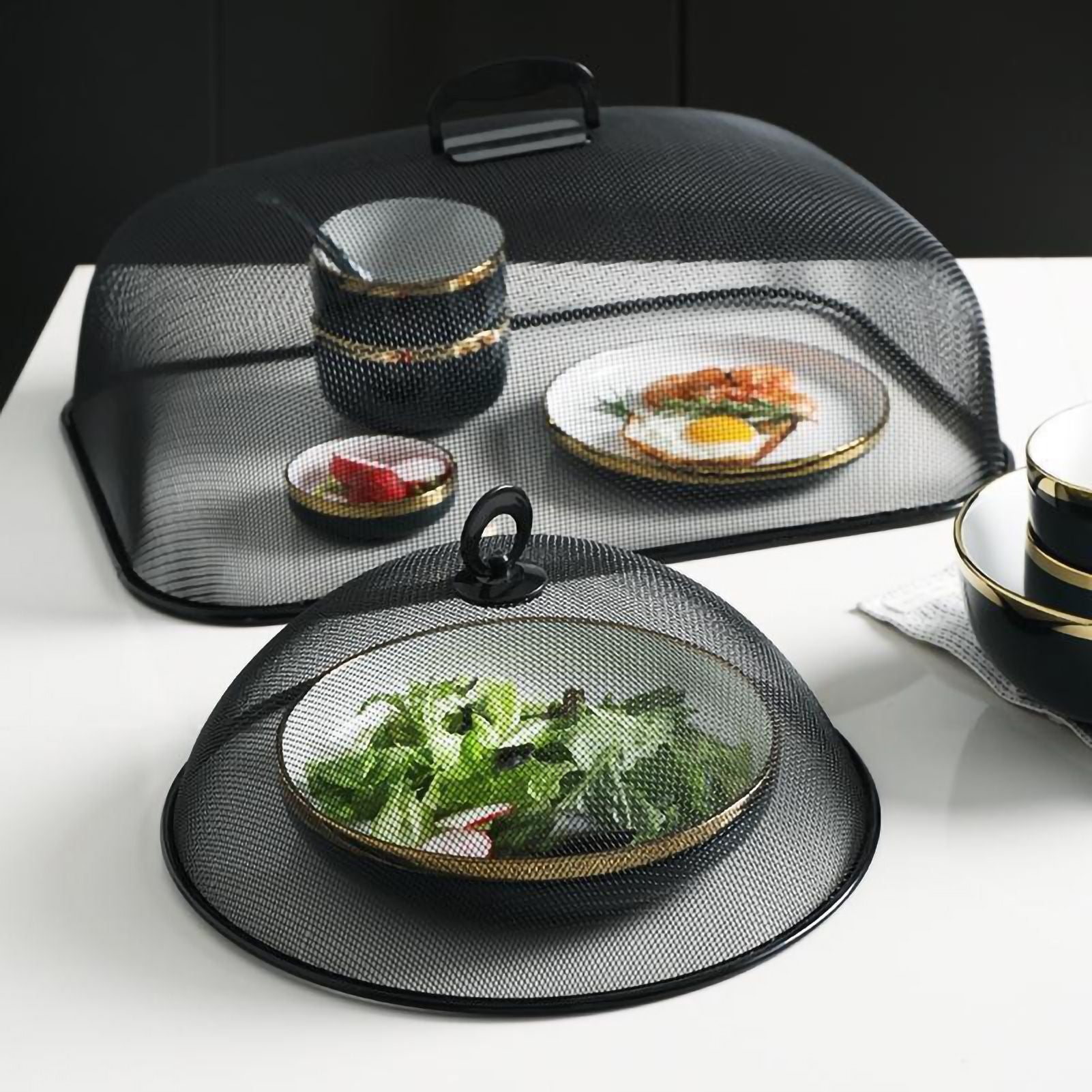 Food Cover Dense Mesh Design 180 Degree Rotatable Simple Iron Food Screen with Handle for Home Dining Room Black Rectangle Large