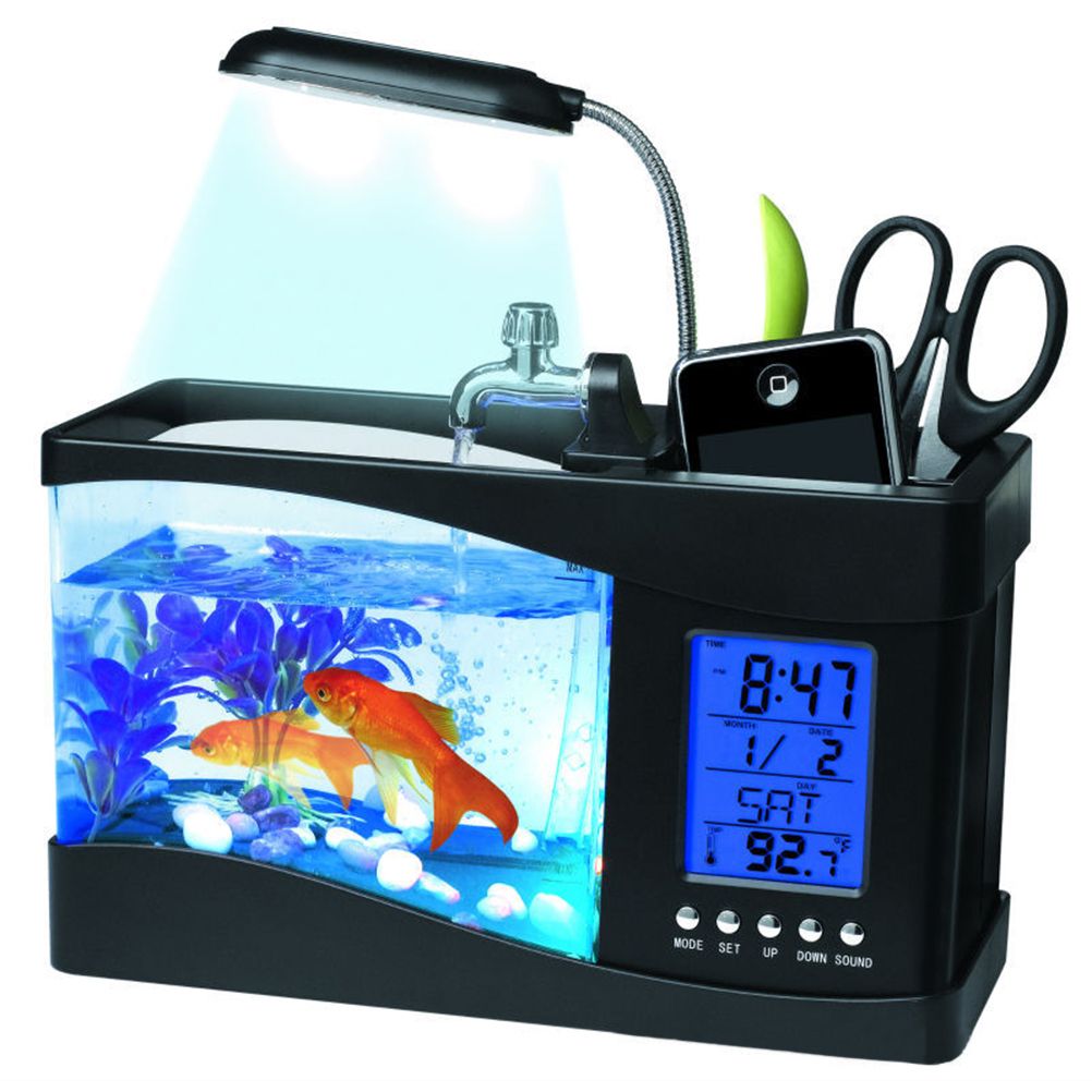 Multifunctional USB Mini Aquarium Fish Tank Aquarium with LED Lamp LCD Display Screen Clock Storage Box Fish Tank Aquarium