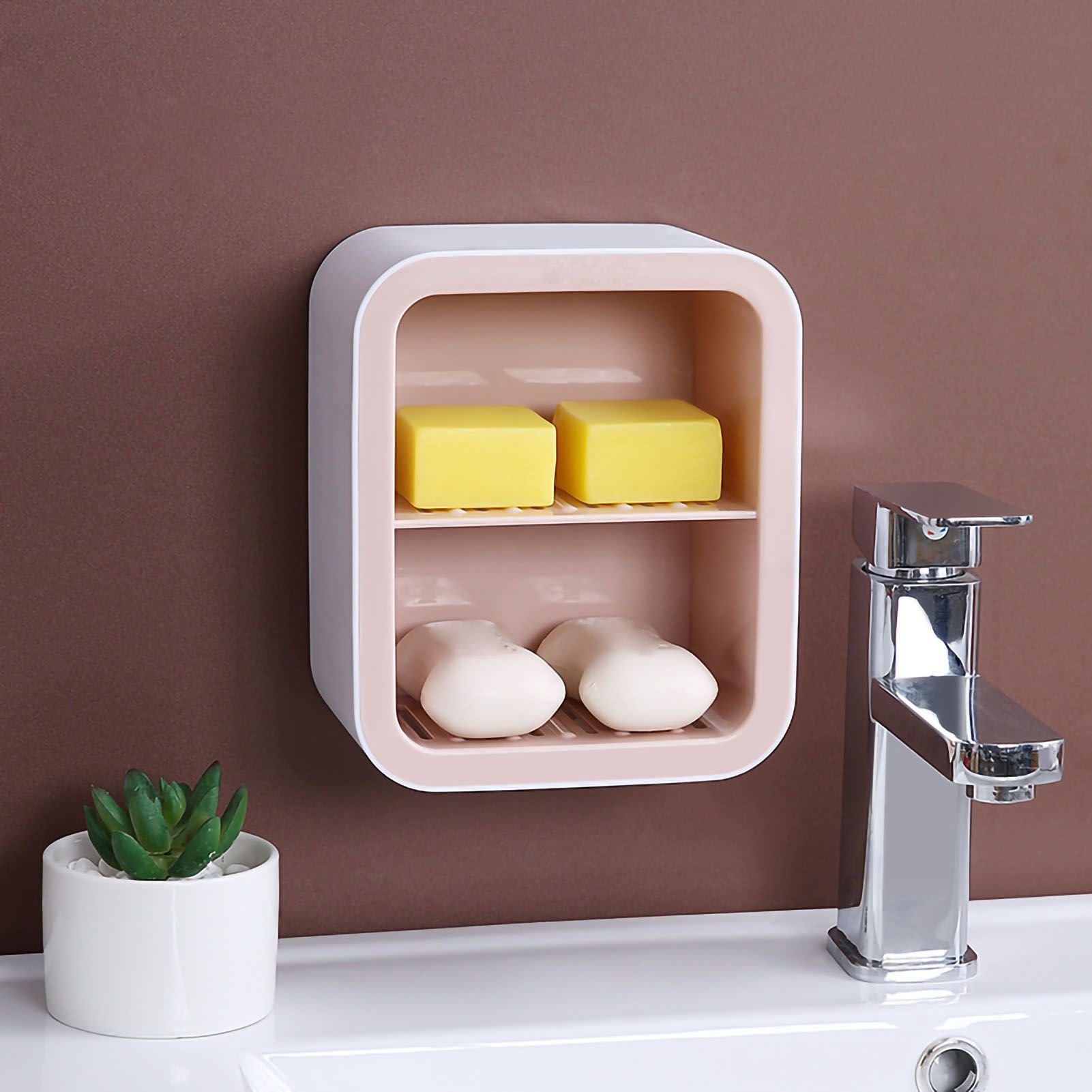 Wall Mount Soap Rack Drain Toilet Suction Disc Punch Free Box Student Dormitory Supplies Nordic 2 Layer Pink