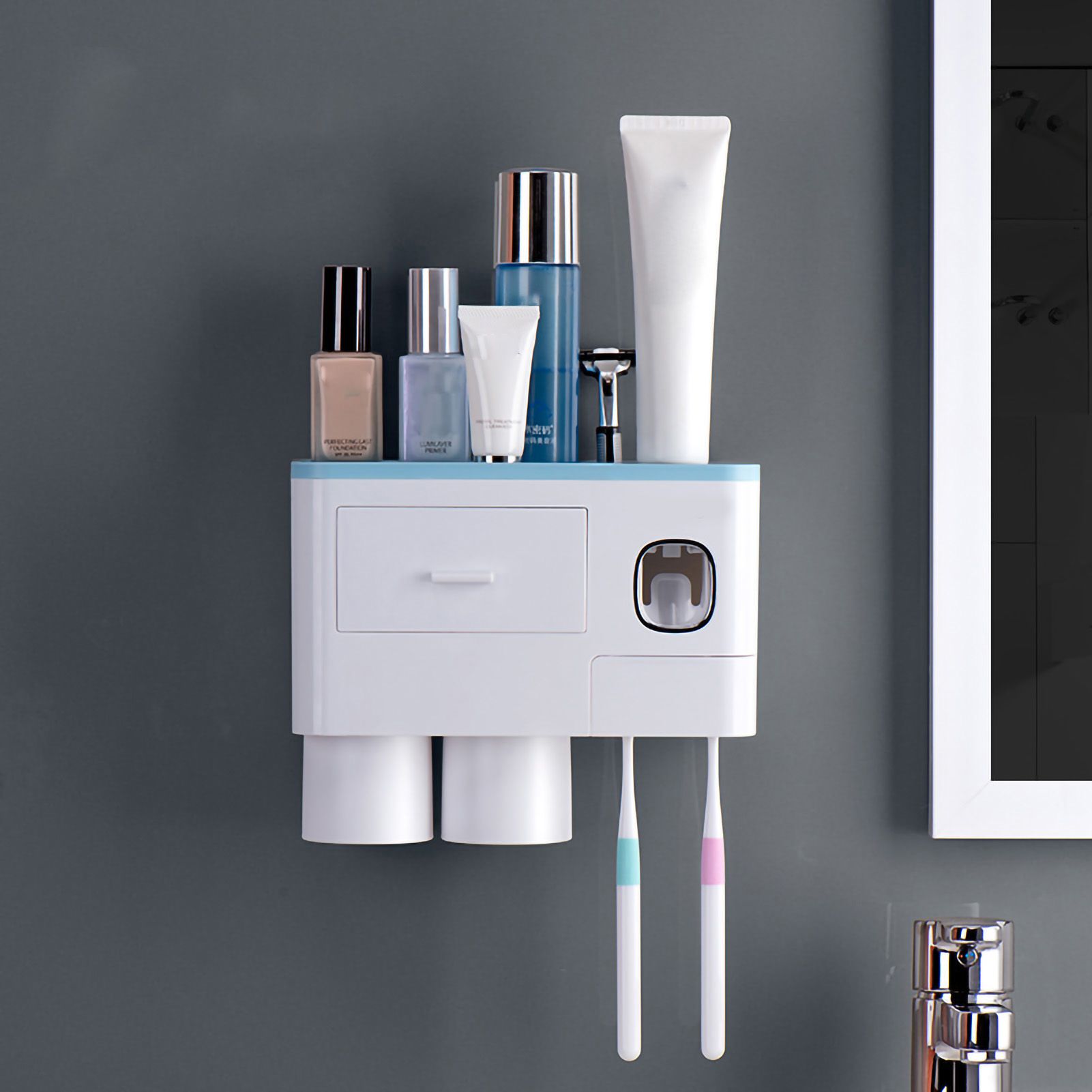 Toothbrush Storage Rack Inverted Magnetic Adsorption Toothbrush Holder Toothpaste Squeezer 2 Blue Cups
