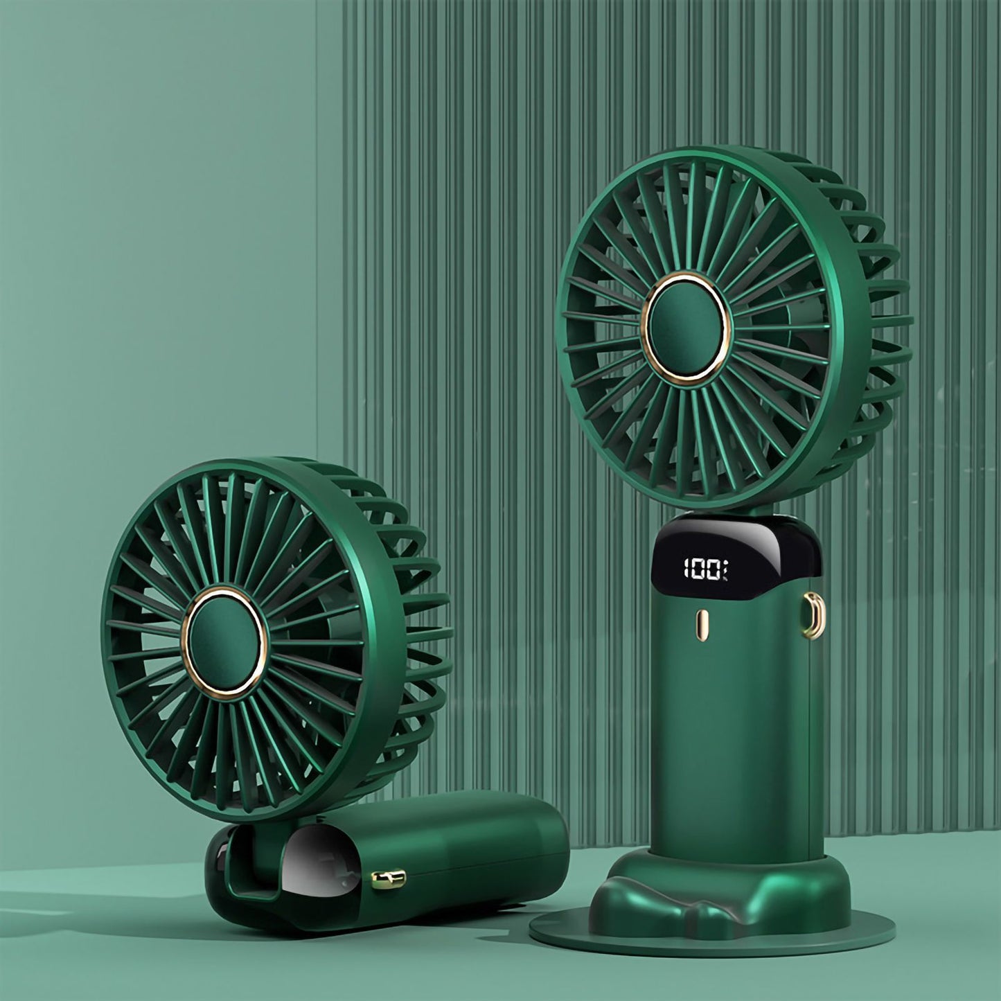 Folding Fan USB Digital Display Handheld Ergonomic Handle ABS PC Small Portable Fan for Outdoor Green 3000M with Aroma Piece and Lanyard