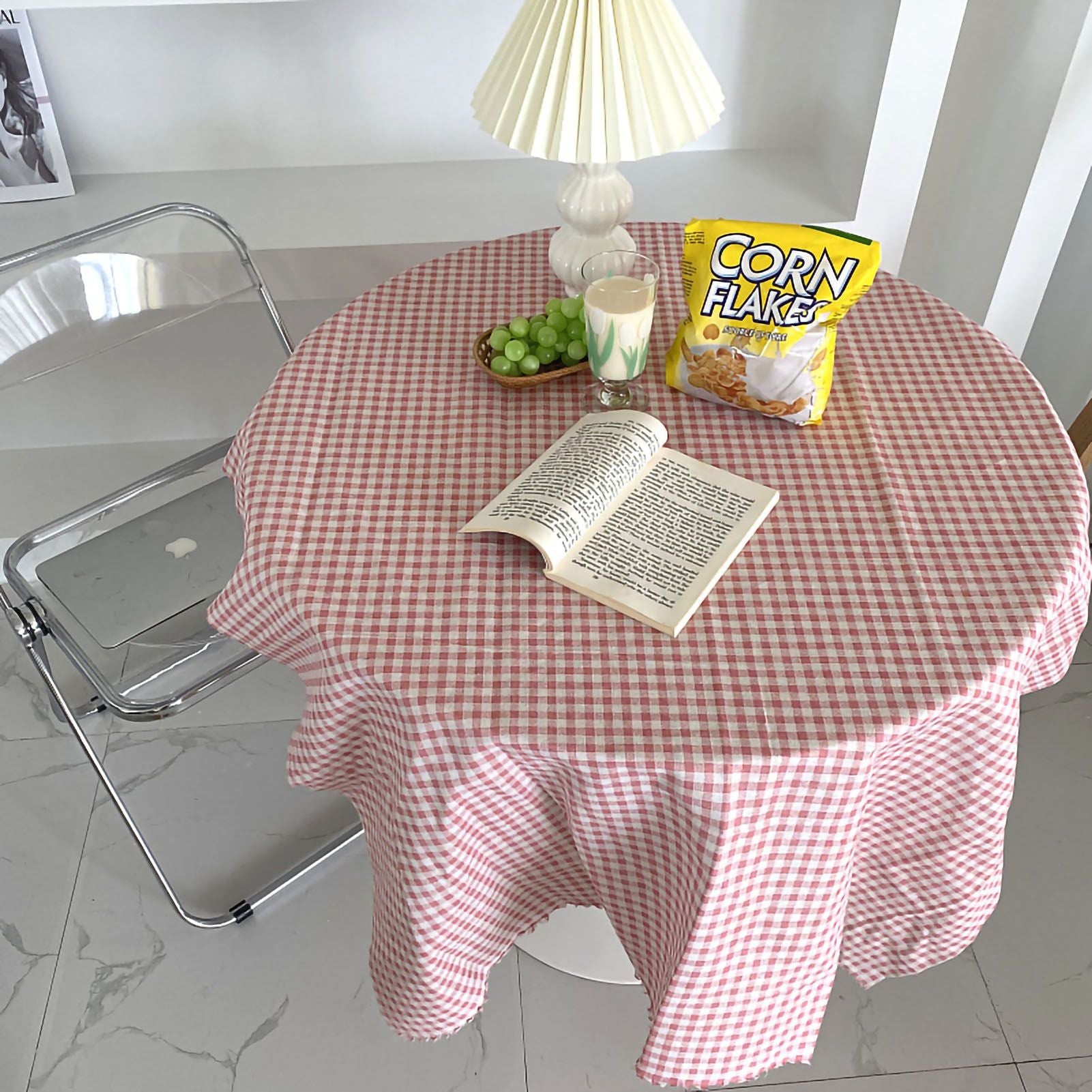 Desk Tablecloth Plaid Table Cover Linen Cotton Backdrop Dustproof Home Decoration for Office Dormitory Pink 70x70cm / 27.6x27.6in
