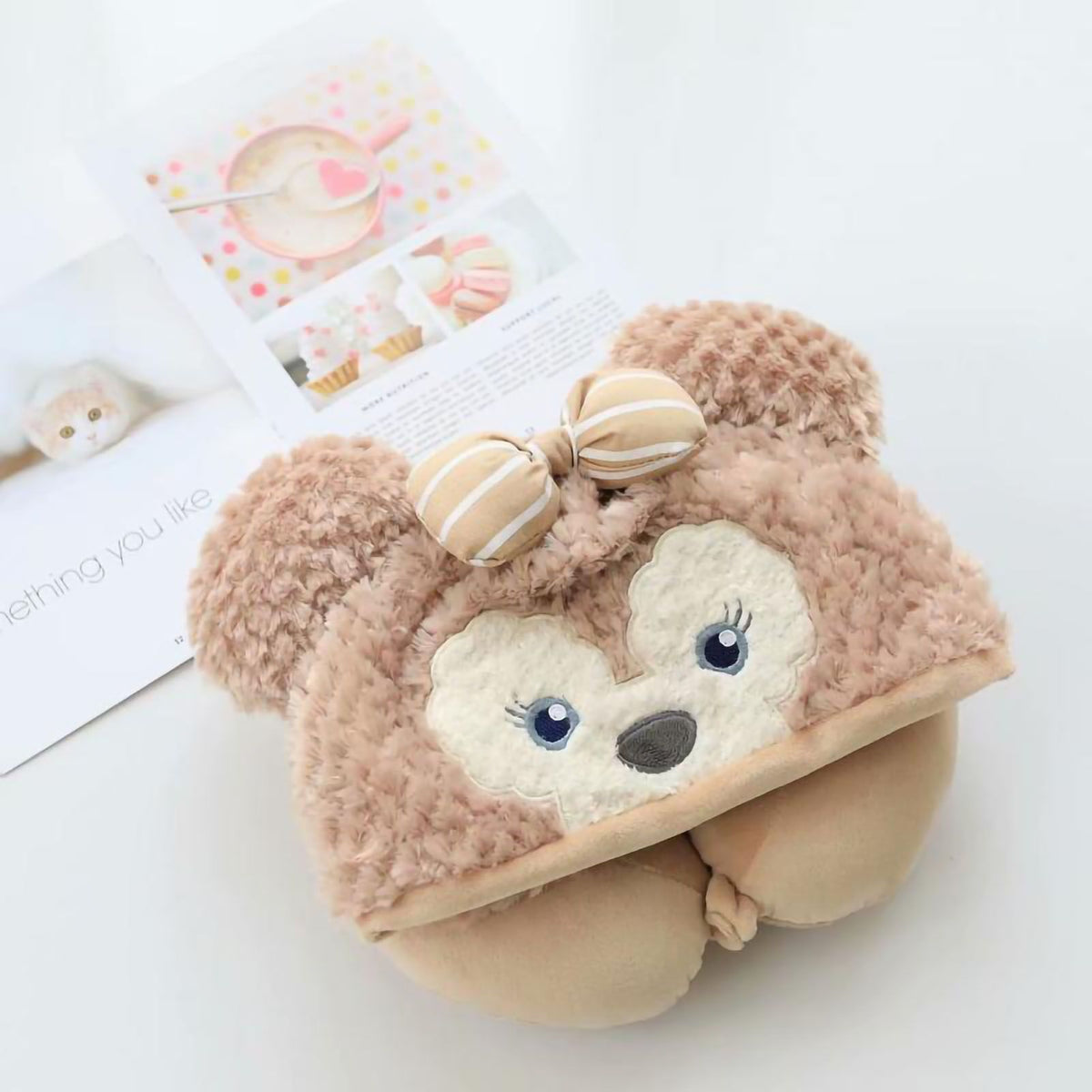 Hooded U Shaped Pillow Cute Cartoon Travel PP Cotton U Shaped Neck Pillow for Airplane Seat Khaki Bear