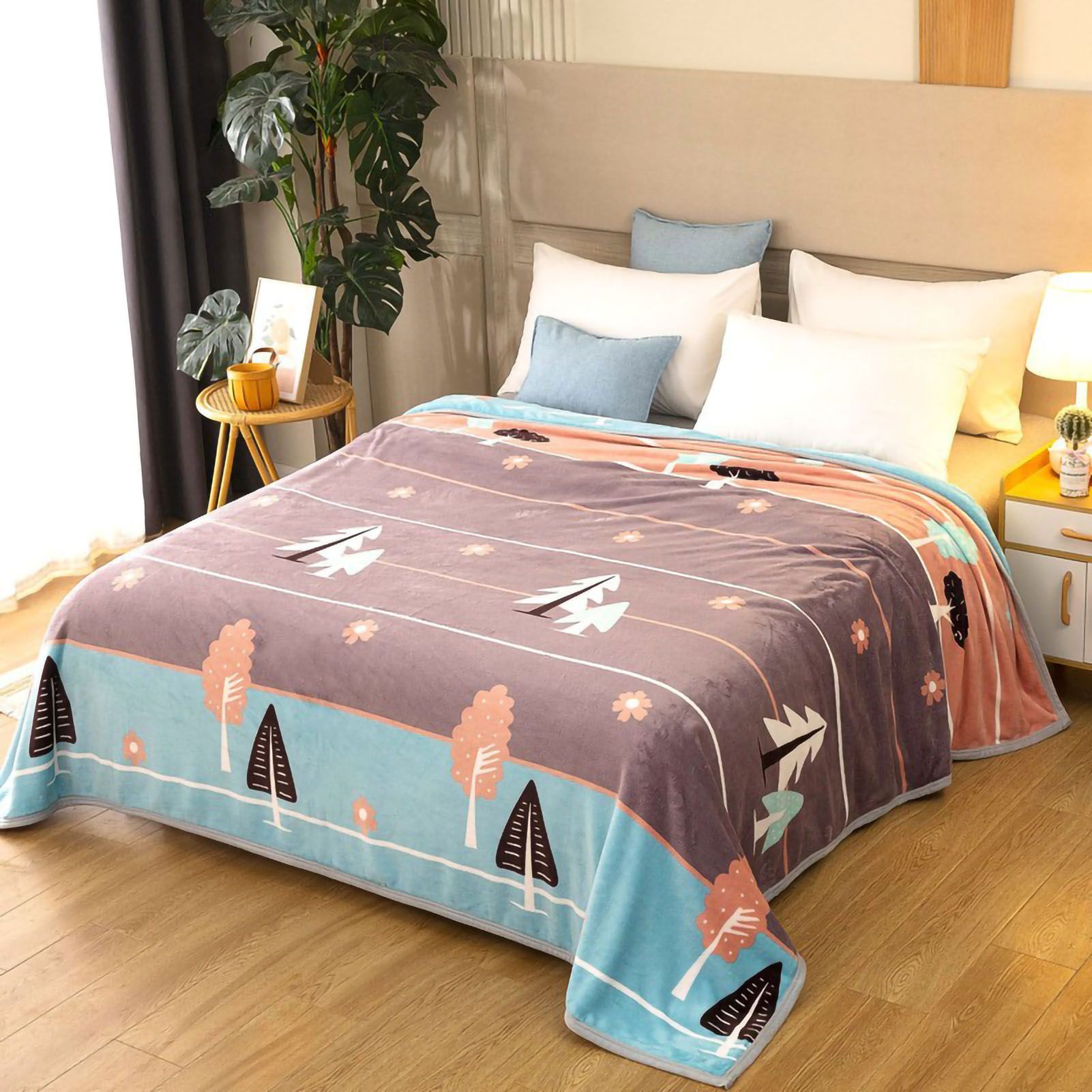 Throw Blanket Cartoon Pattern Thickened Air Conditioning Blanket for Home Bedroom Office Travel Leaves and Flowers 150x200cm / 59.1x78.7in