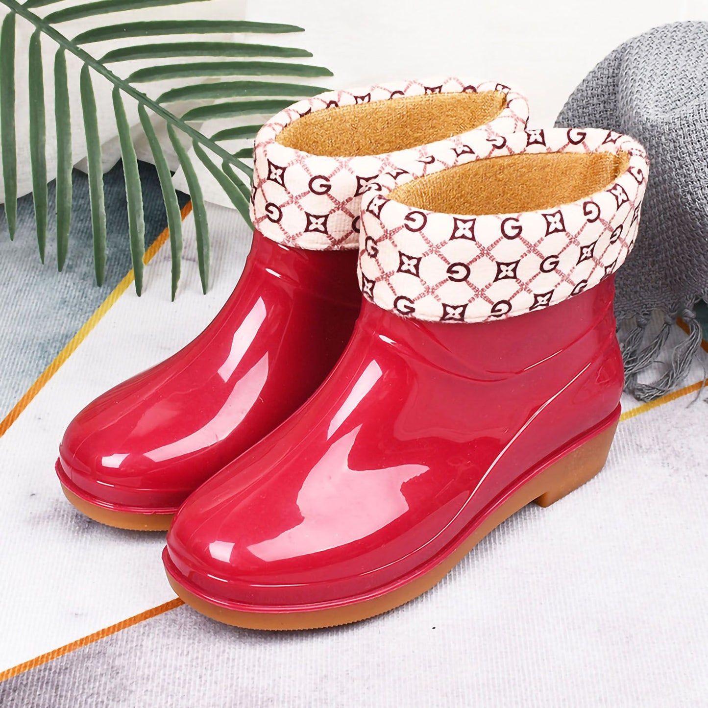 Womens Rain Boots Fashion Antiskid Short Rain Boot Round Head Radian PVC Plastic Rain Boots Red Padded 37