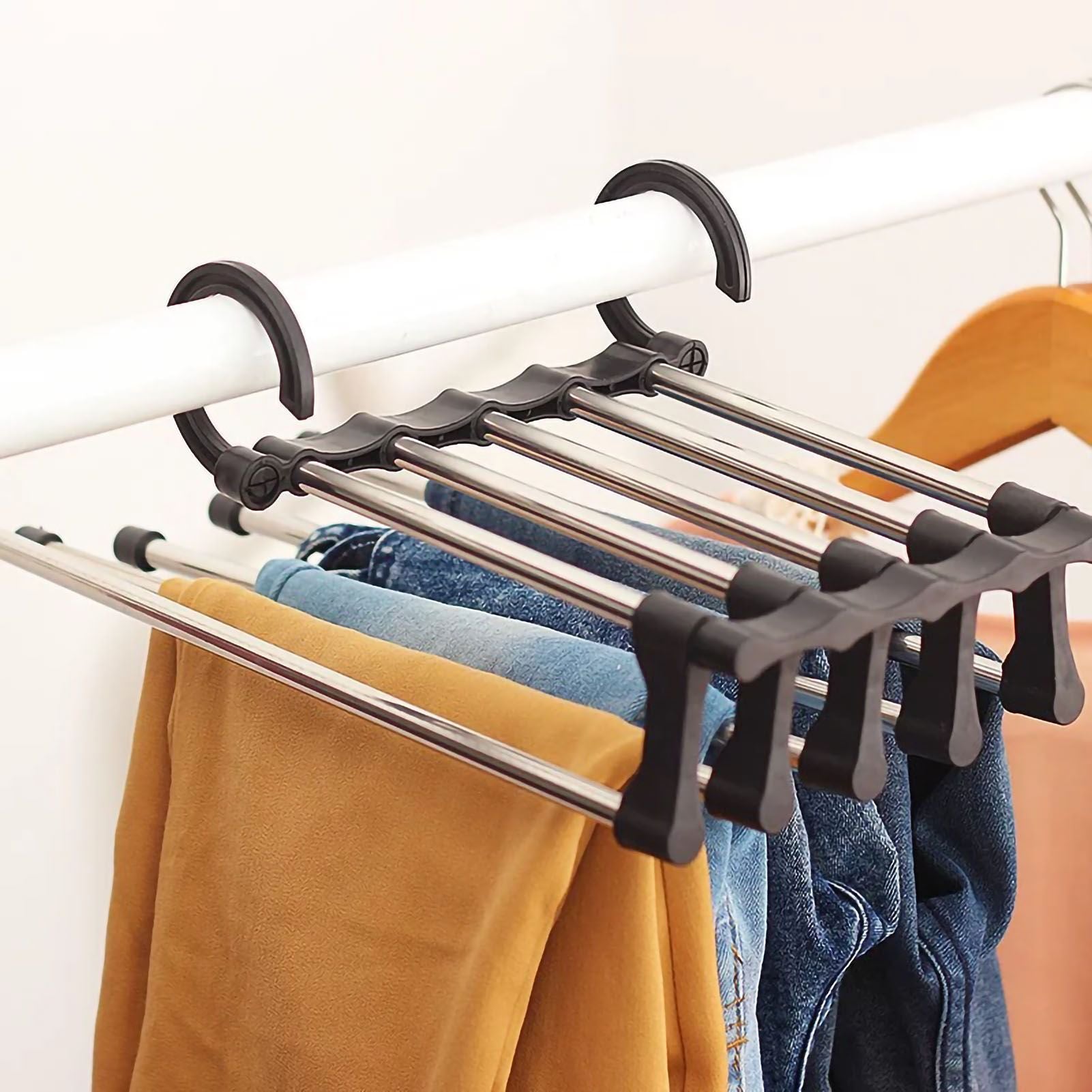 Stainless Steel Hangers Home Multifunctional Foldable Trouser Rack Retractable Trouser Storage Rack Trouser Rack Black