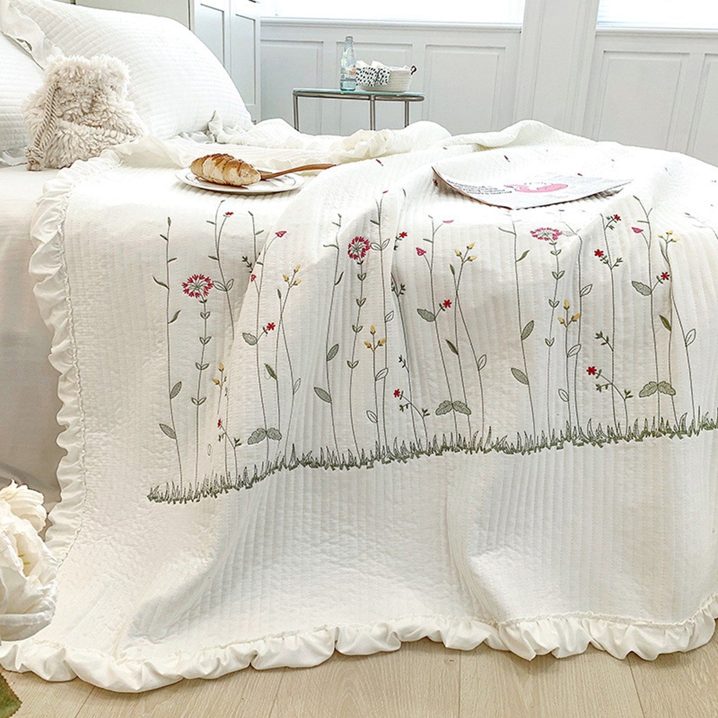 Cotton Quilt Pure Color Home Fashion Elegant Tencel Embroidery Pattern Cotton Summer Cooling Quilt White 200x230