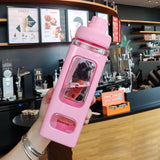 Straw Water Bottle with Marker 700ml Large Capacity Double Layer Water Jug for Home Gym School Pink