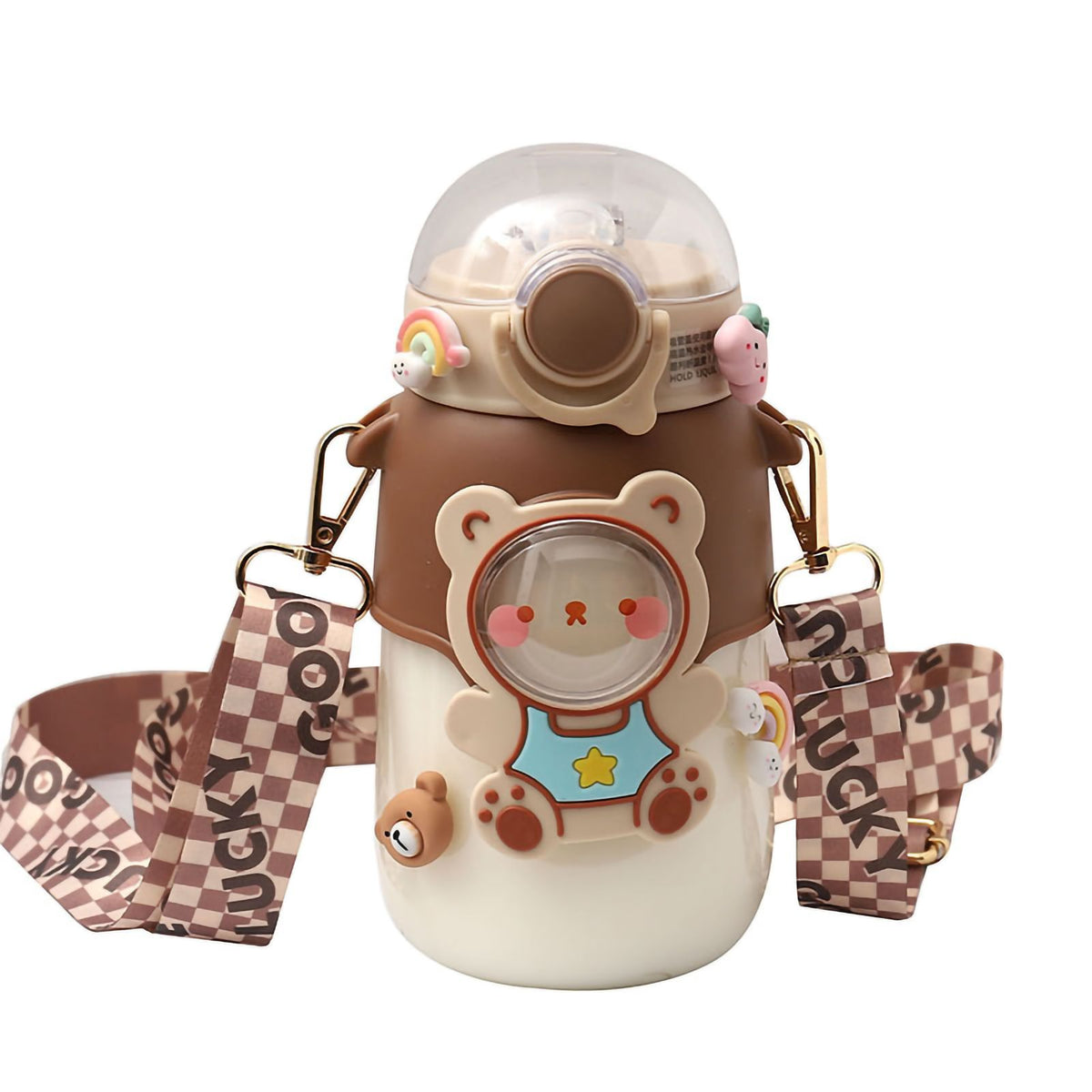 Soft Straw Drinking Cup Portable Plastic Sippy Cup Cartoon Pattern Water Bottle with Strap Brown