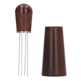 Coffee Stirring Tool 4 Arc Pins Wooden Handle Coffee Needle Type Distributor Tool with Base for Home Dark Brown