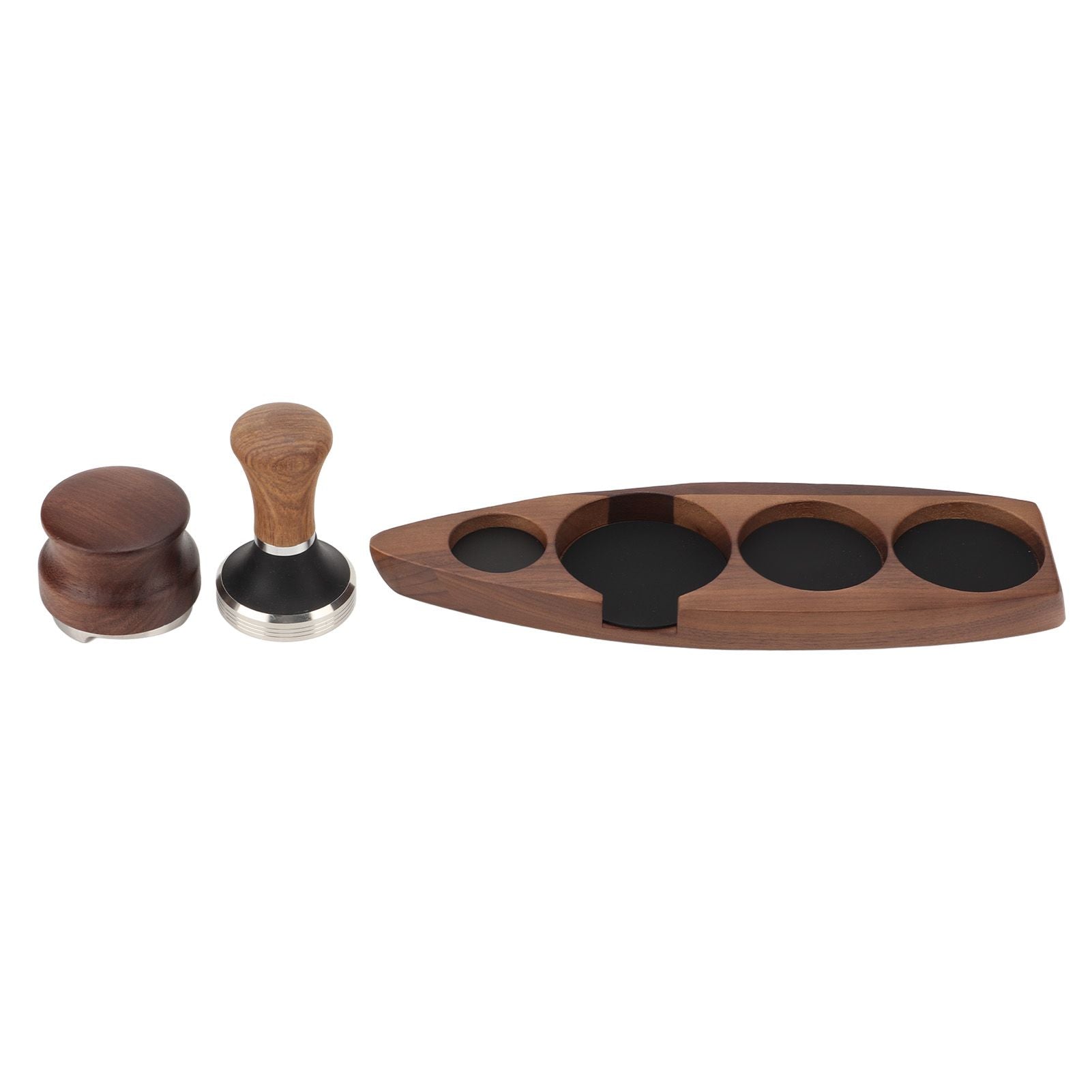 3pcs Coffee Tamper Holder Walnut Wood Rubber Stainless Steel Boat Shaped Distributor Rack Coffee Accessories For 51/53mm Base 53mm Tamper 53mm Distributor