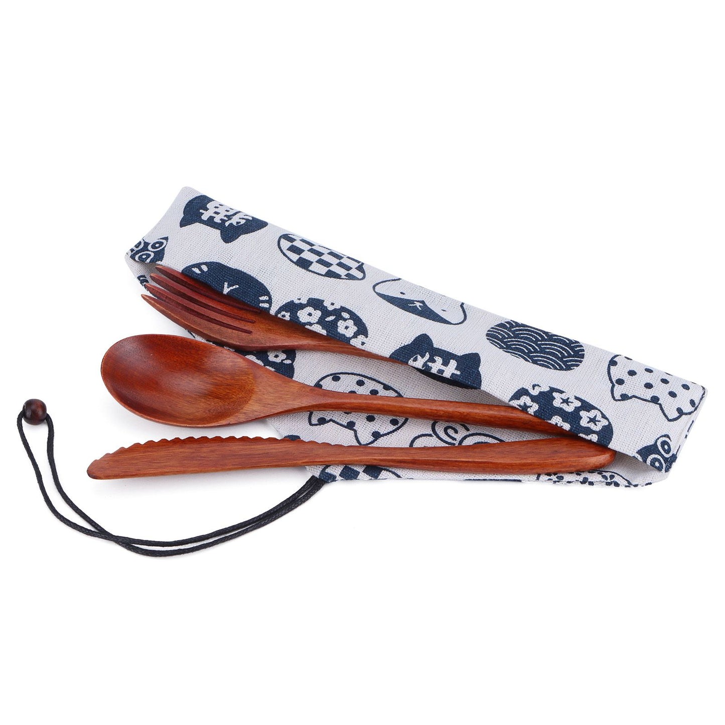 Portable Wooden Cutlery Set Spoon Fork Knife Wood Flatware Dinnerware Tableware with Bag