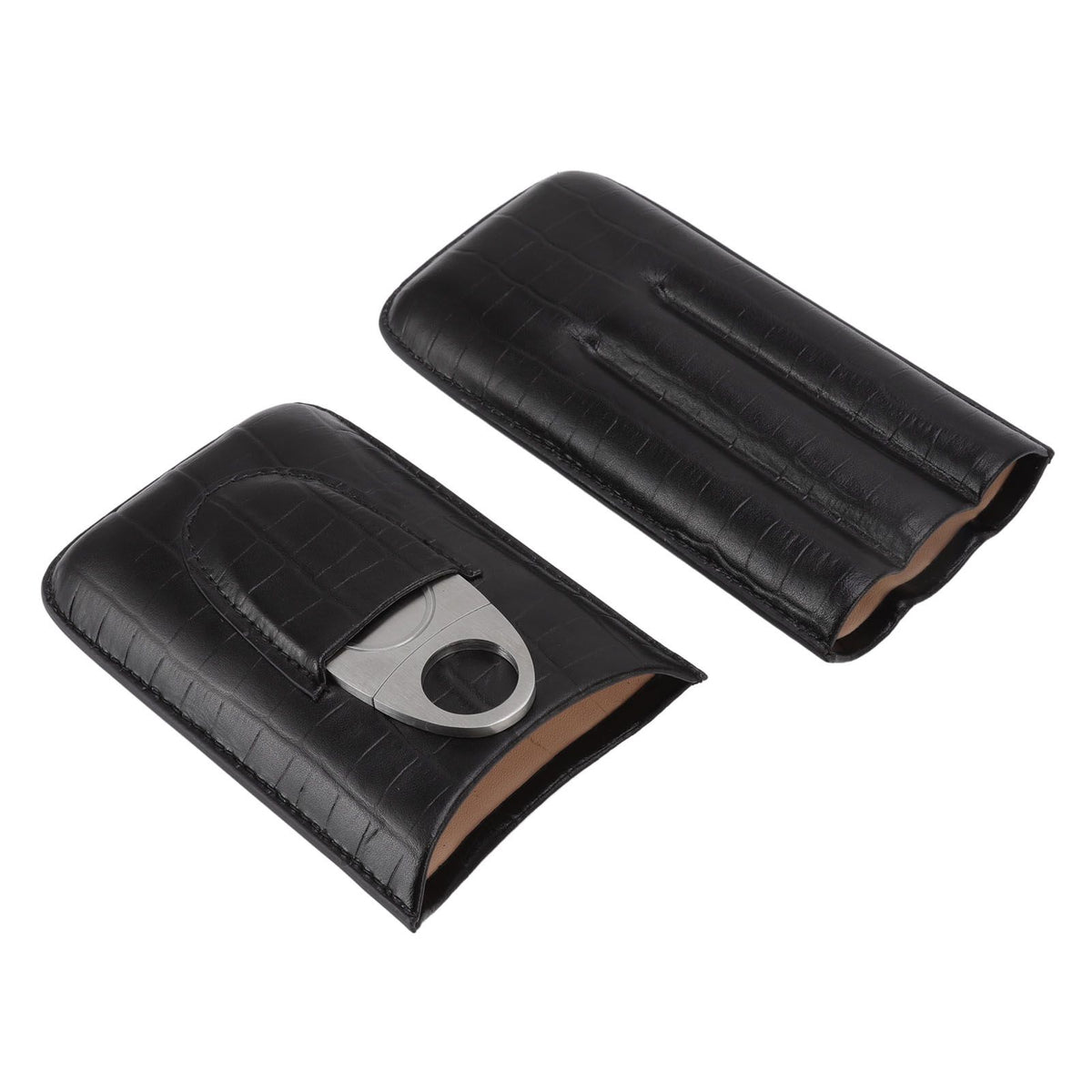 Cigar Leather Case Travel Portable 3pcs Cigar Holder Cigar Humidor with Cutter Set Black with Bamboo Joint Pattern