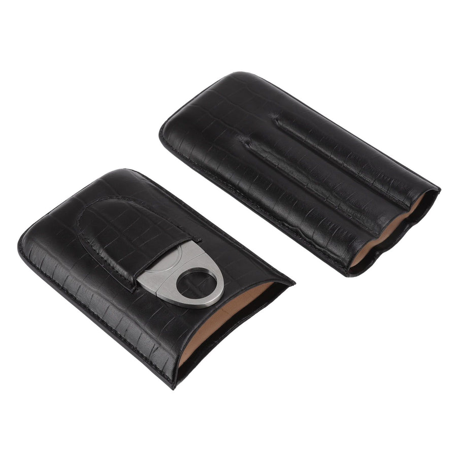 Cigar Leather Case Travel Portable 3pcs Cigar Holder Cigar Humidor with Cutter Set Black with Bamboo Joint Pattern