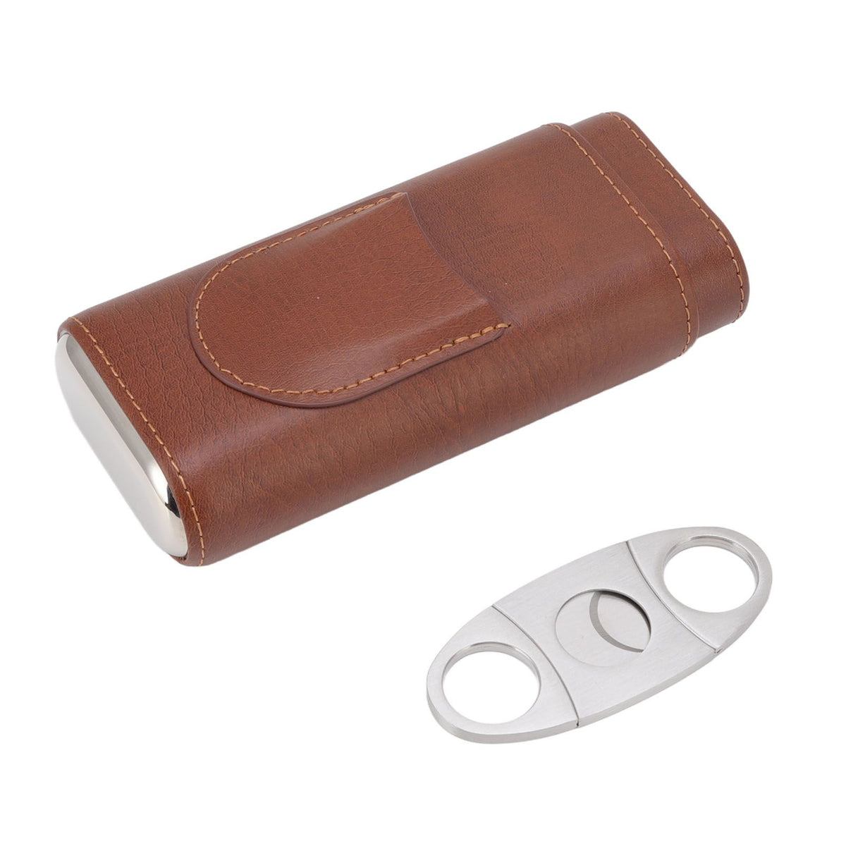 3 Finger Cigar Case Leather Cedarwood Lining Travel Portable Cigar Holder with Scissor Brown